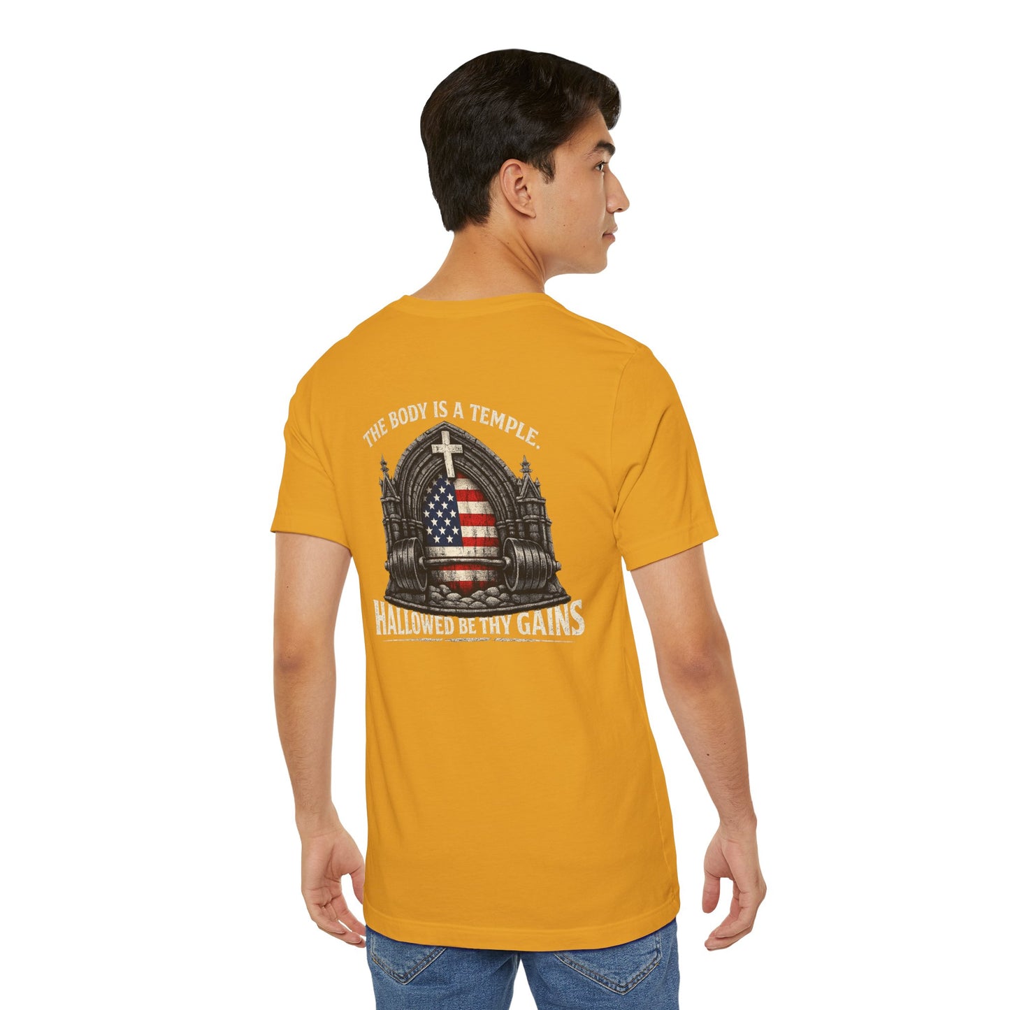 Patriotic Gym Tee — “The Body Is a Temple” American Flag Fitness T-Shirt