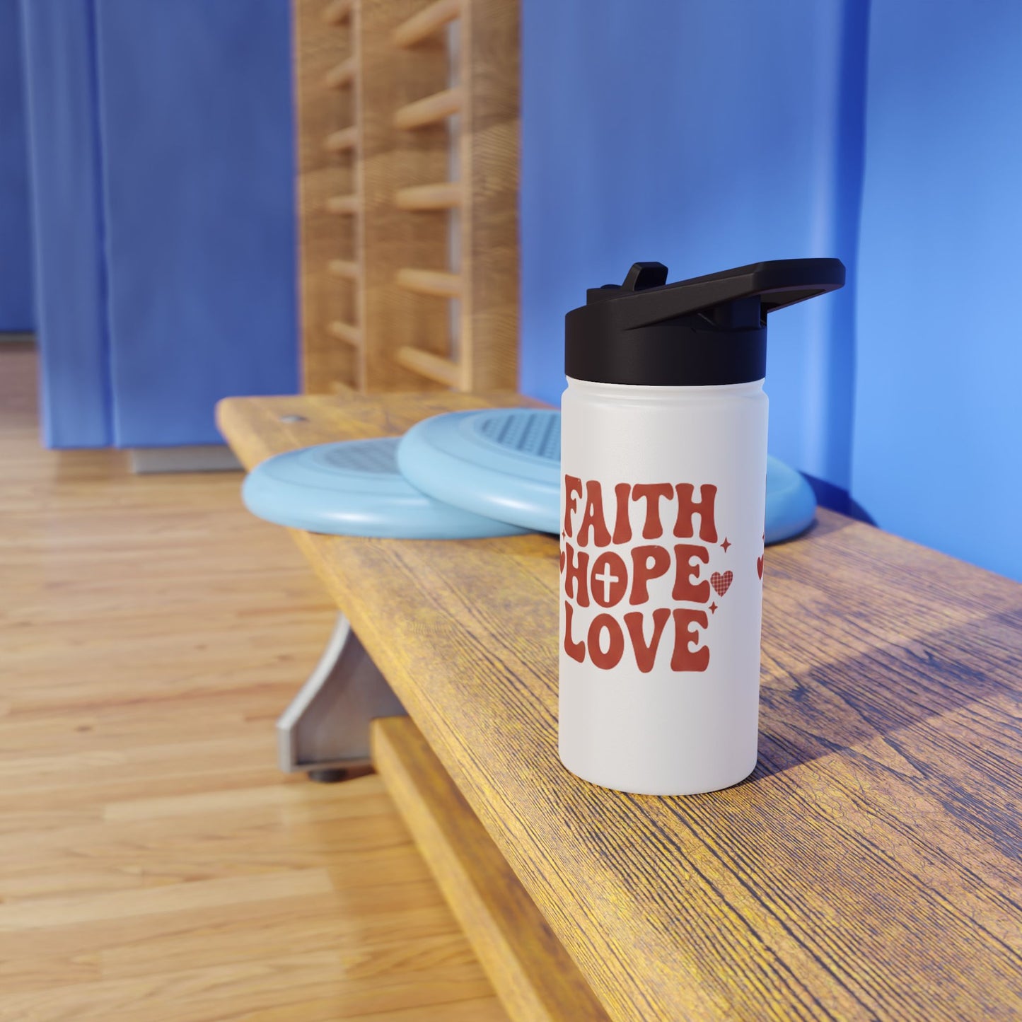 Faith Hope Love Stainless Steel Water Bottle — Retro Heart Typography