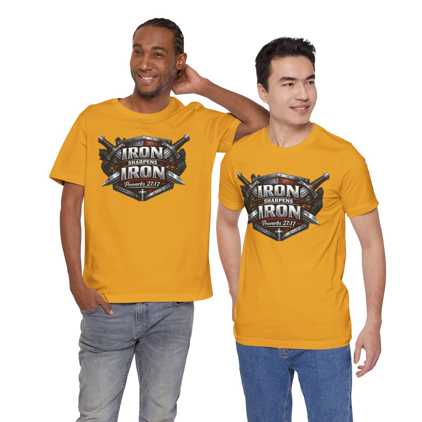 Iron Sharpens Iron T-Shirt — Faith-Based Proverbs 27:17 Graphic Tee