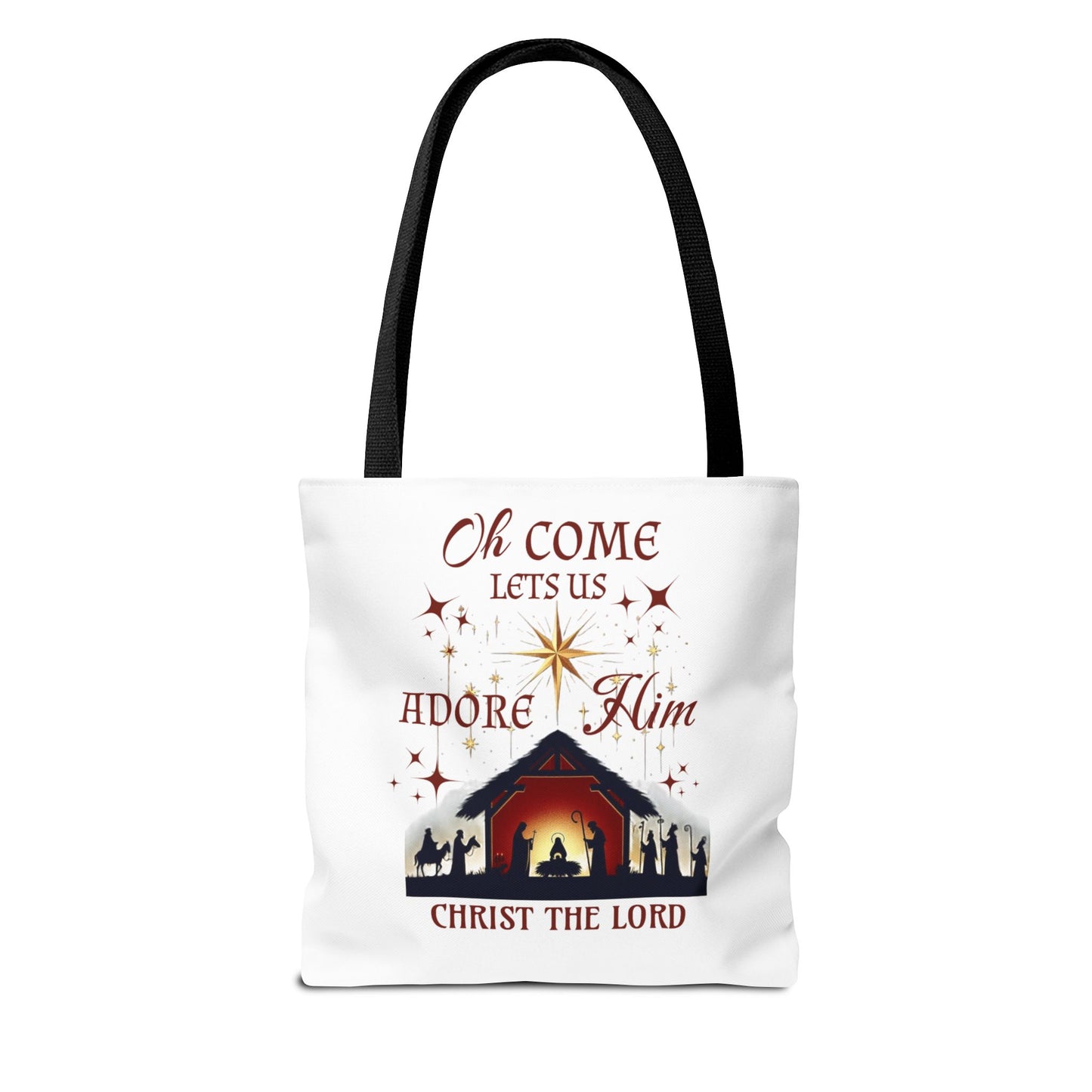 Nativity Scene Tote Bag with 'Oh come let us adore Him, Christ the Lord' Phrase