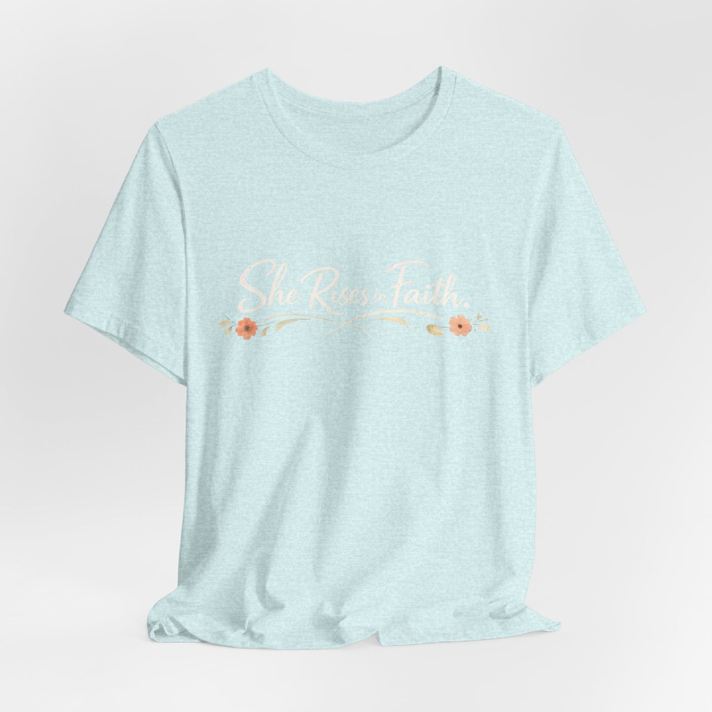 "She Rises In Faith" Chest Tee – Delicate Peach Blossom Graphic