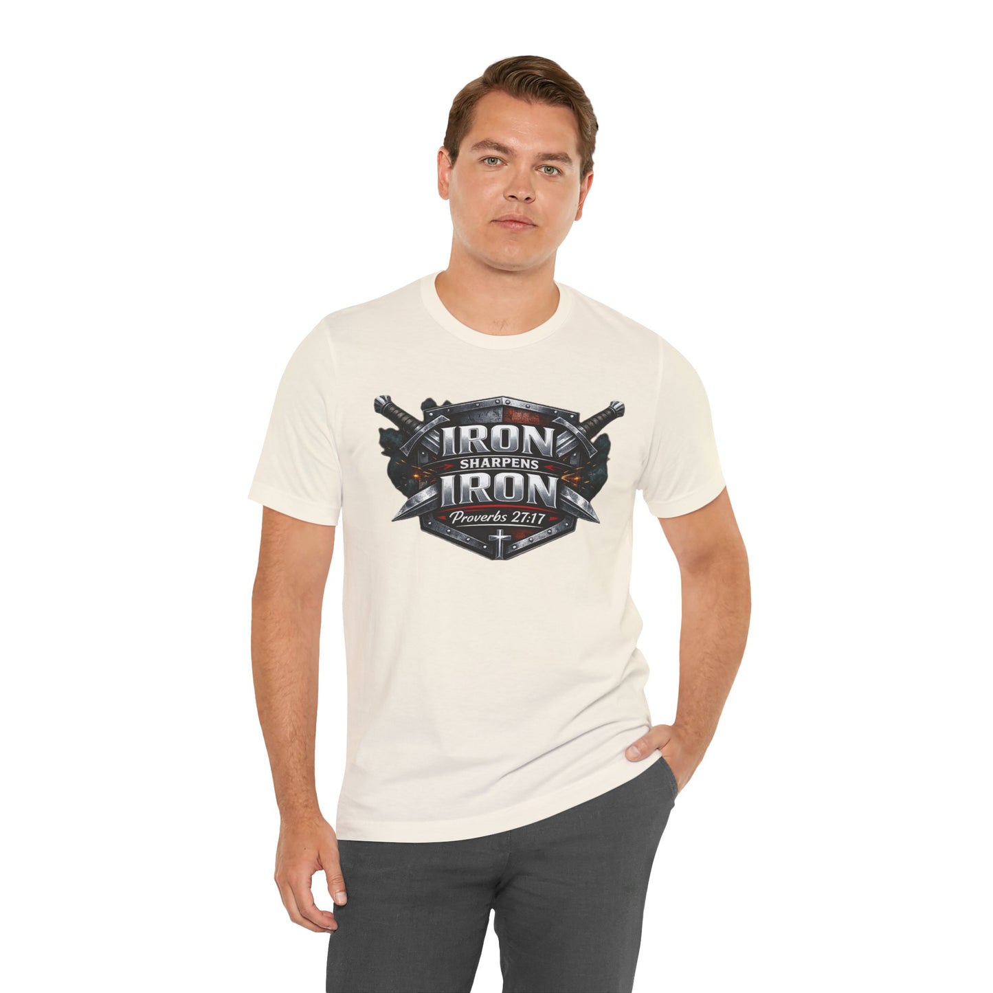 Iron Sharpens Iron T-Shirt — Faith-Based Proverbs 27:17 Graphic Tee