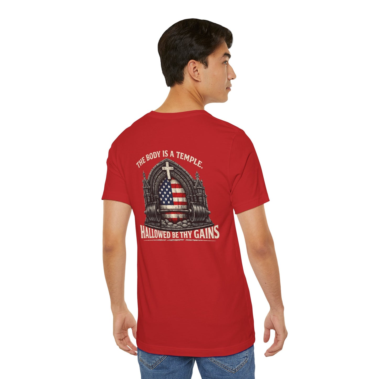 Patriotic Gym Tee — “The Body Is a Temple” American Flag Fitness T-Shirt