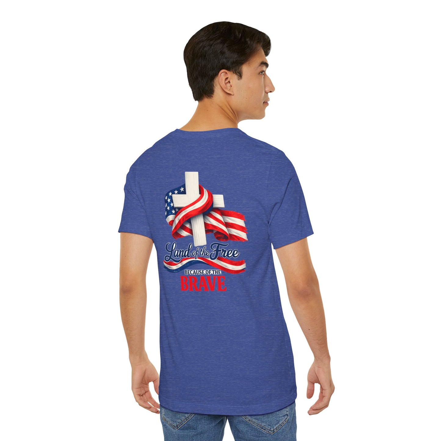 Land of the Free Because of the Brave Tee - Patriotic American Flag Cross T-Shirt