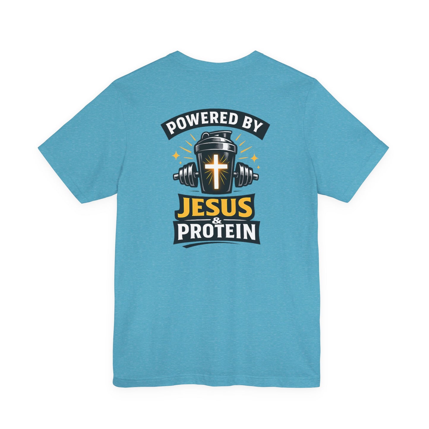 Powered by Jesus & Protein T-Shirt — Christian Gym Fitness Tee