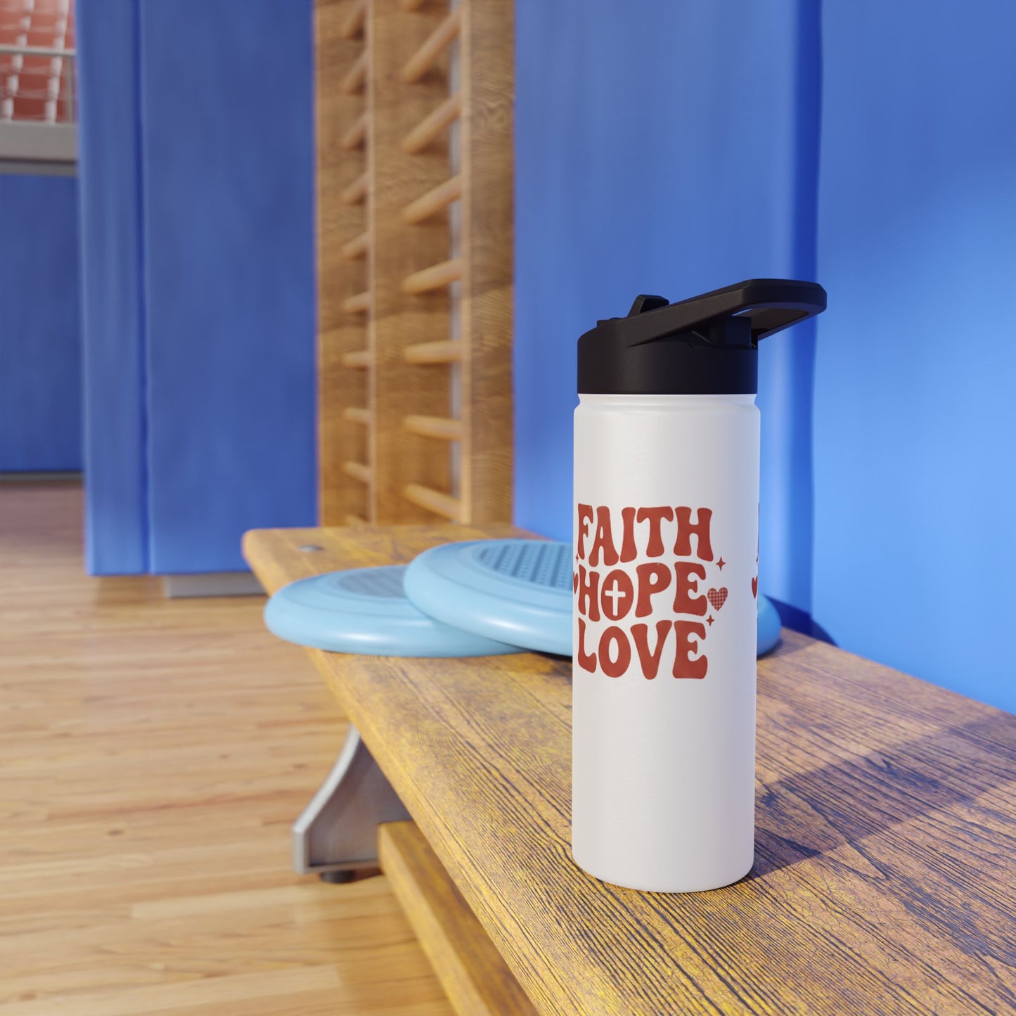 Faith Hope Love Stainless Steel Water Bottle — Retro Heart Typography