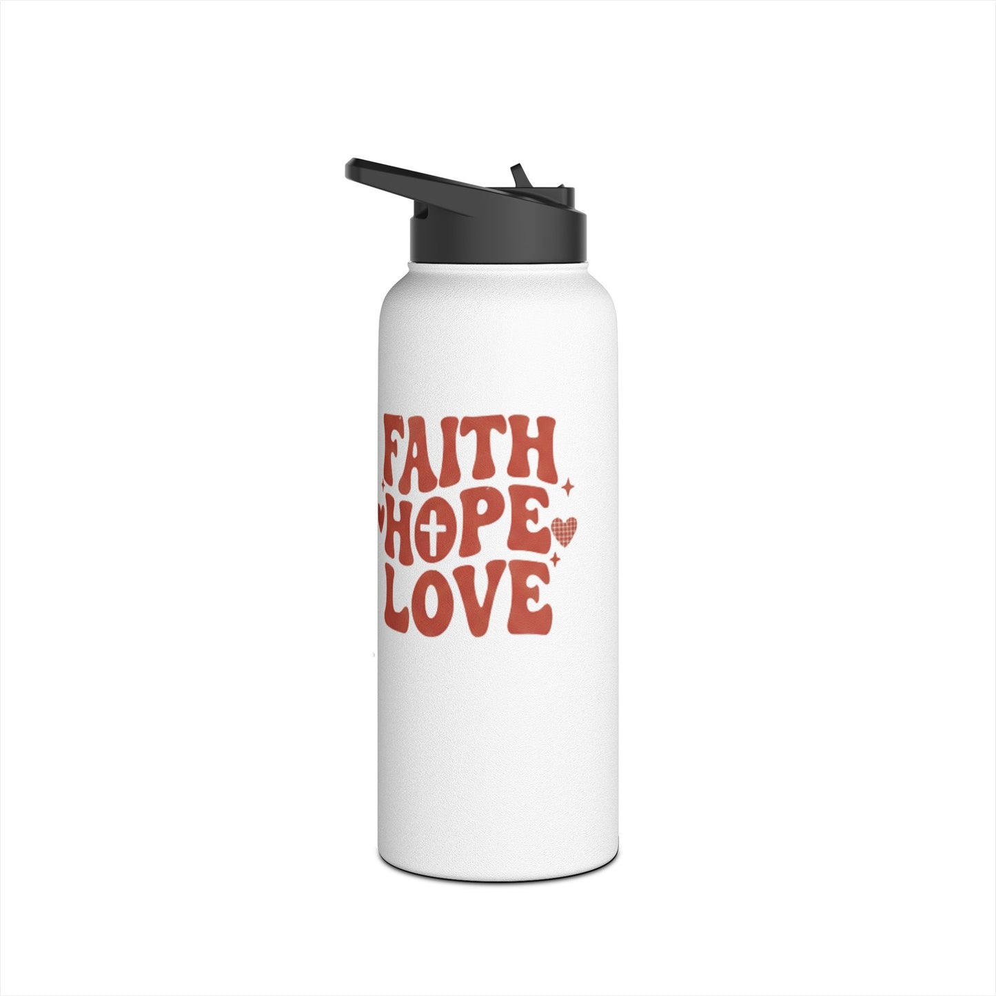 Faith Hope Love Stainless Steel Water Bottle — Retro Heart Typography
