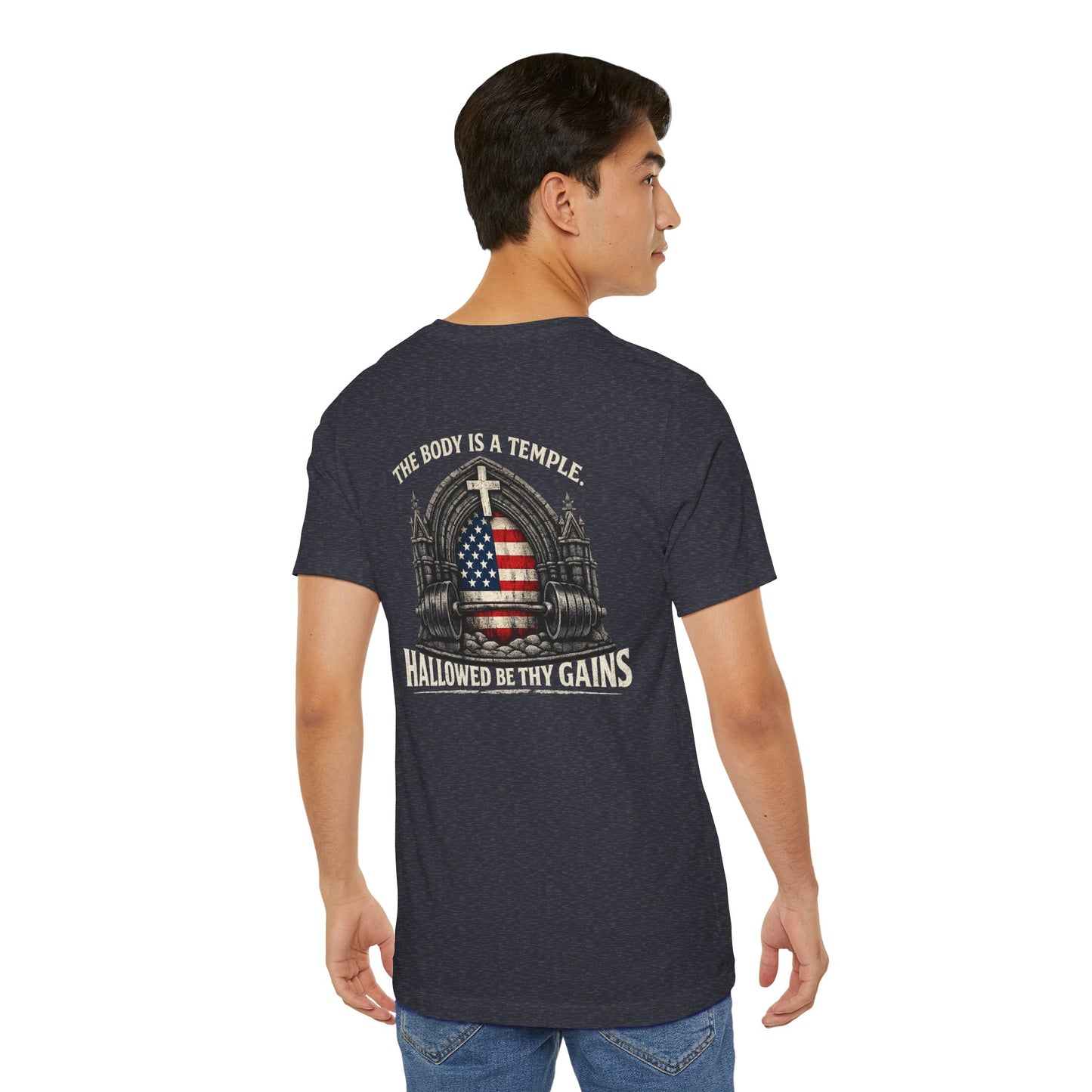 Patriotic Gym Tee — “The Body Is a Temple” American Flag Fitness T-Shirt