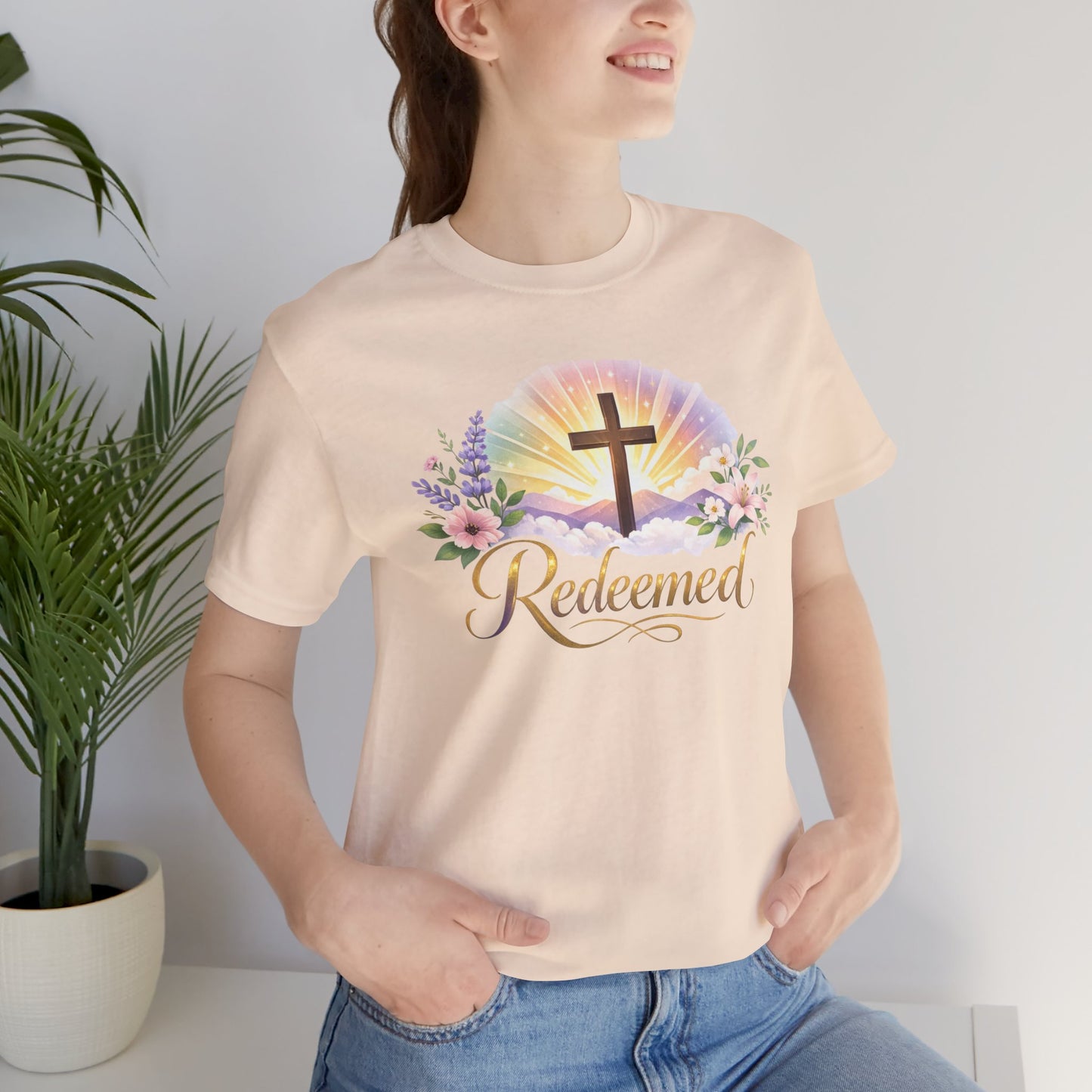 "Redeemed" Cross Floral T-Shirt — Christian Faith Tee