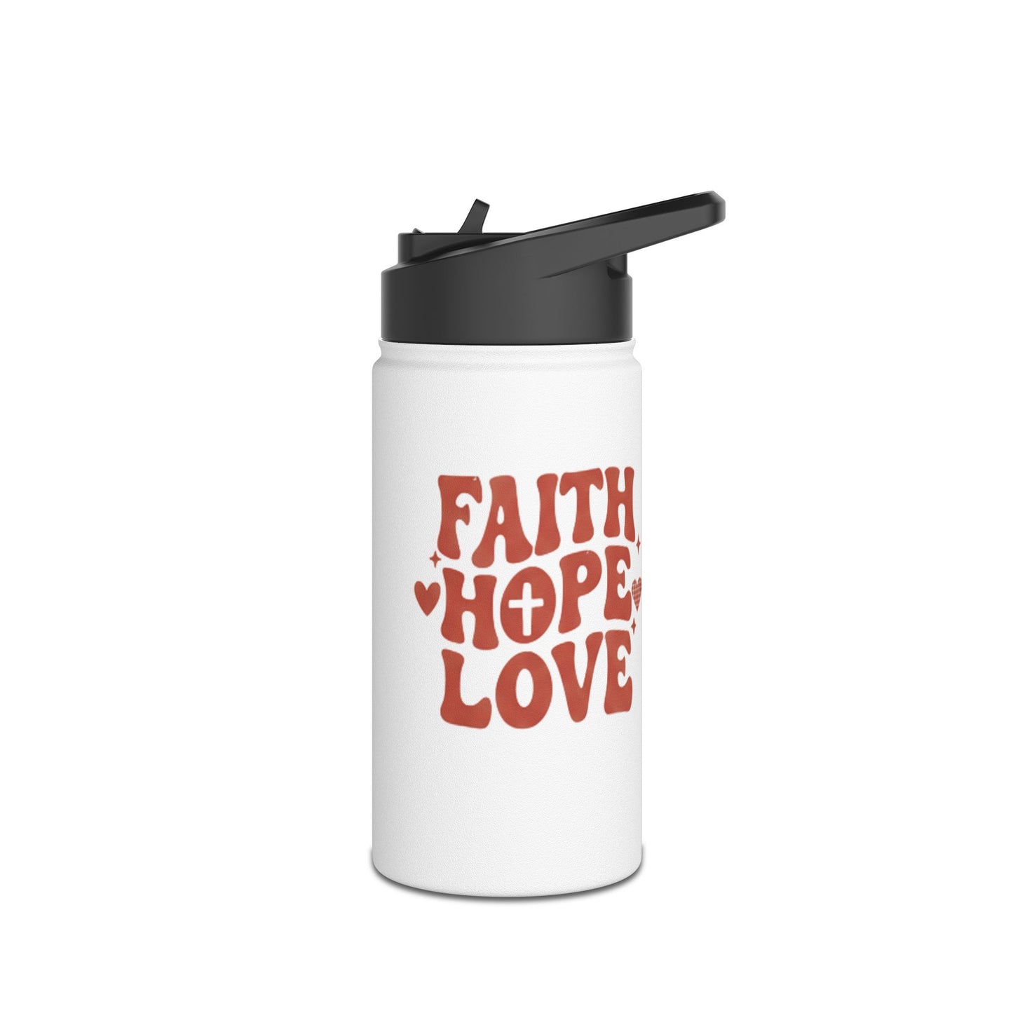 Faith Hope Love Stainless Steel Water Bottle — Retro Heart Typography