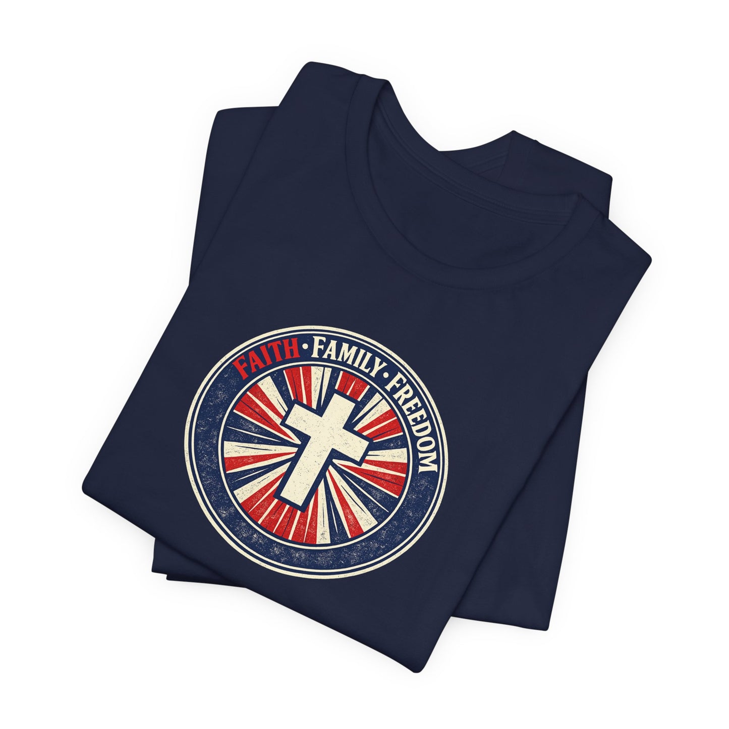 Faith Family Freedom T‑Shirt — Cross Emblem Patriotic Graphic Tee
