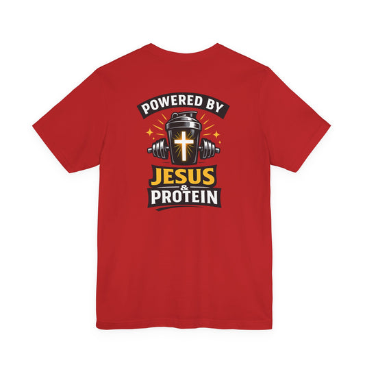 Powered by Jesus & Protein T-Shirt — Christian Gym Fitness Tee