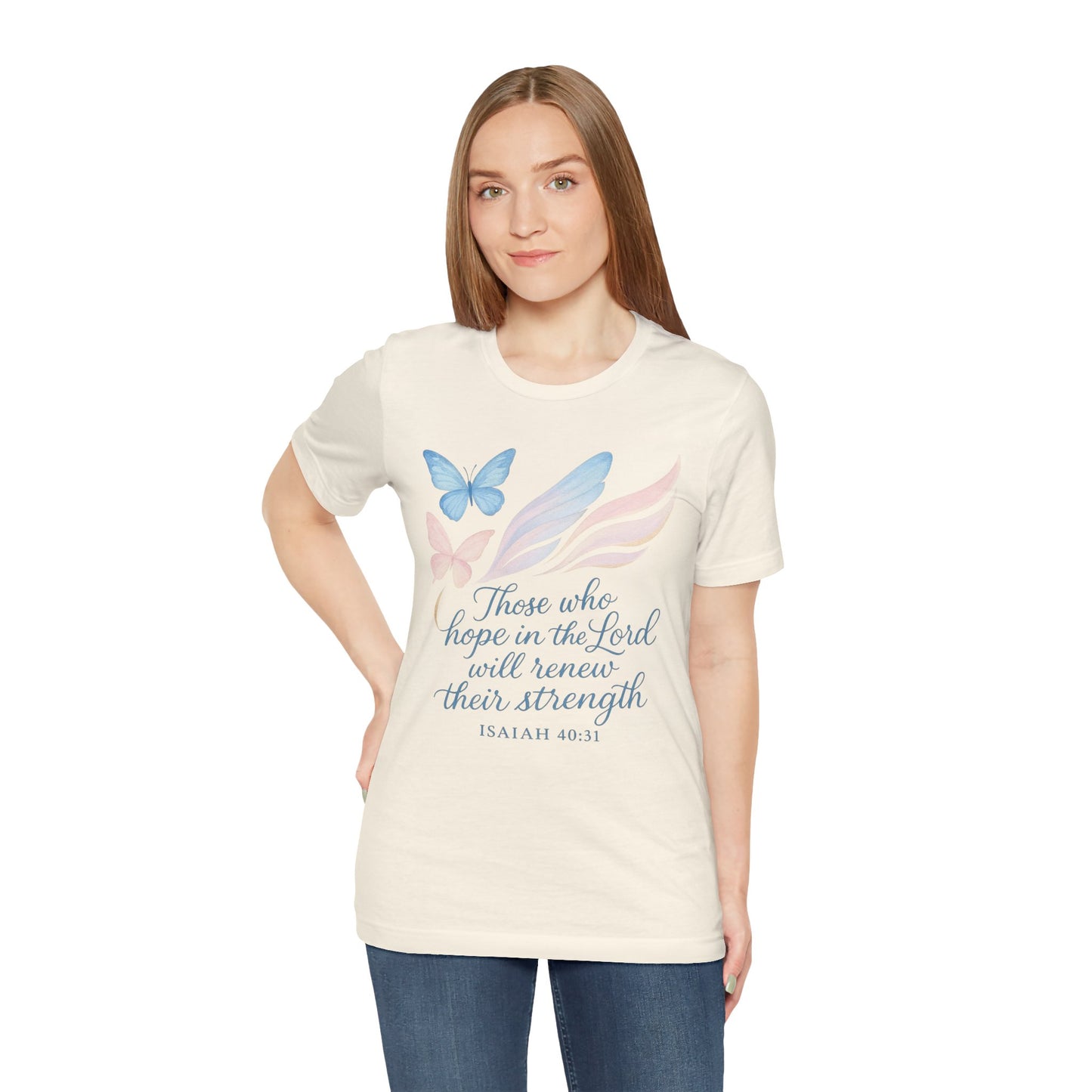 Inspirational Scripture T-Shirt – "Those Who Hope in the Lord" Isaiah 40:31, Pastel Butterflies