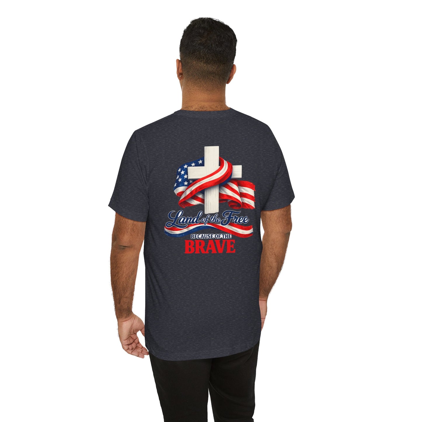 Land of the Free Because of the Brave Tee - Patriotic American Flag Cross T-Shirt