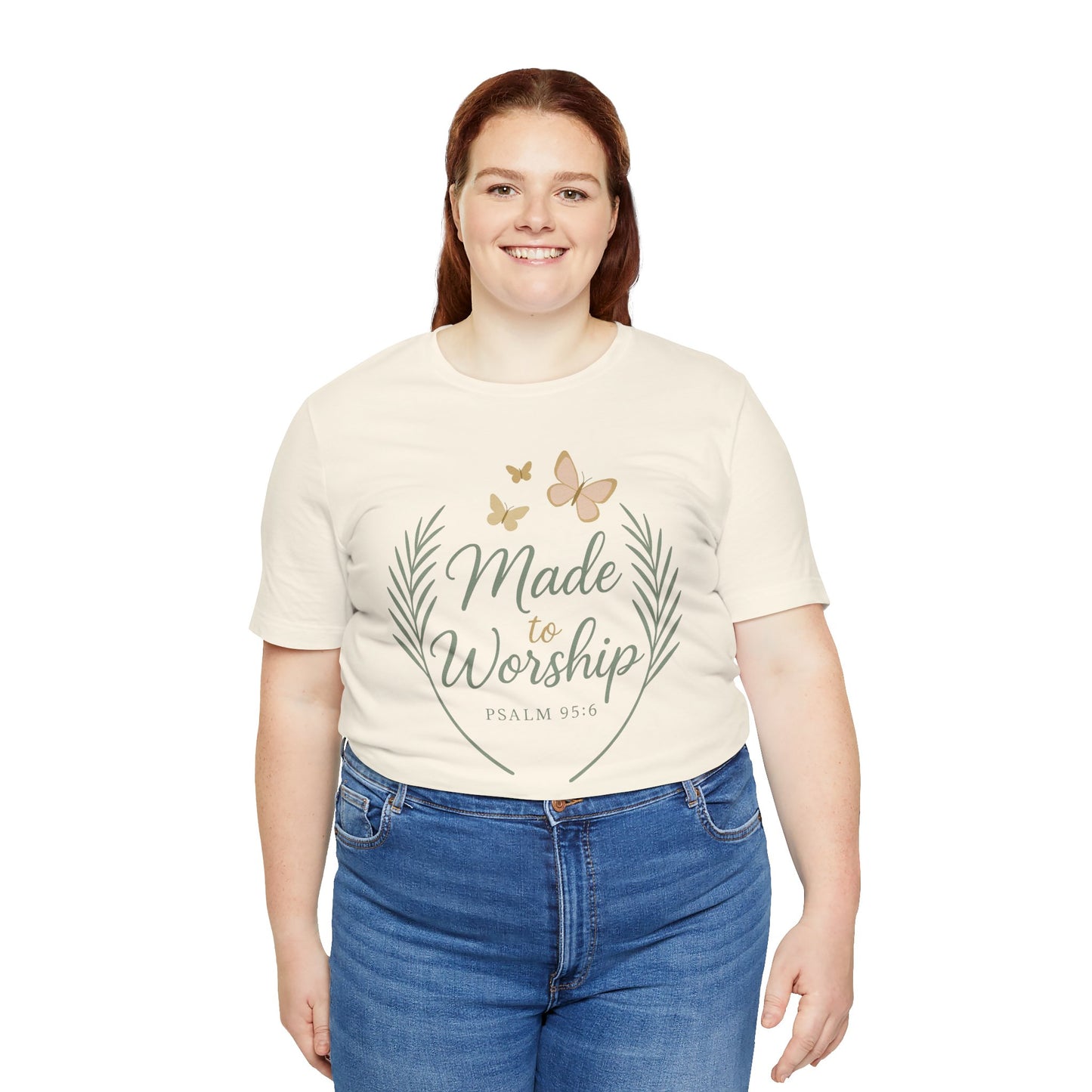 Made to Worship T-Shirt – Psalm 95:6 Christian Faith Tee with Butterflies