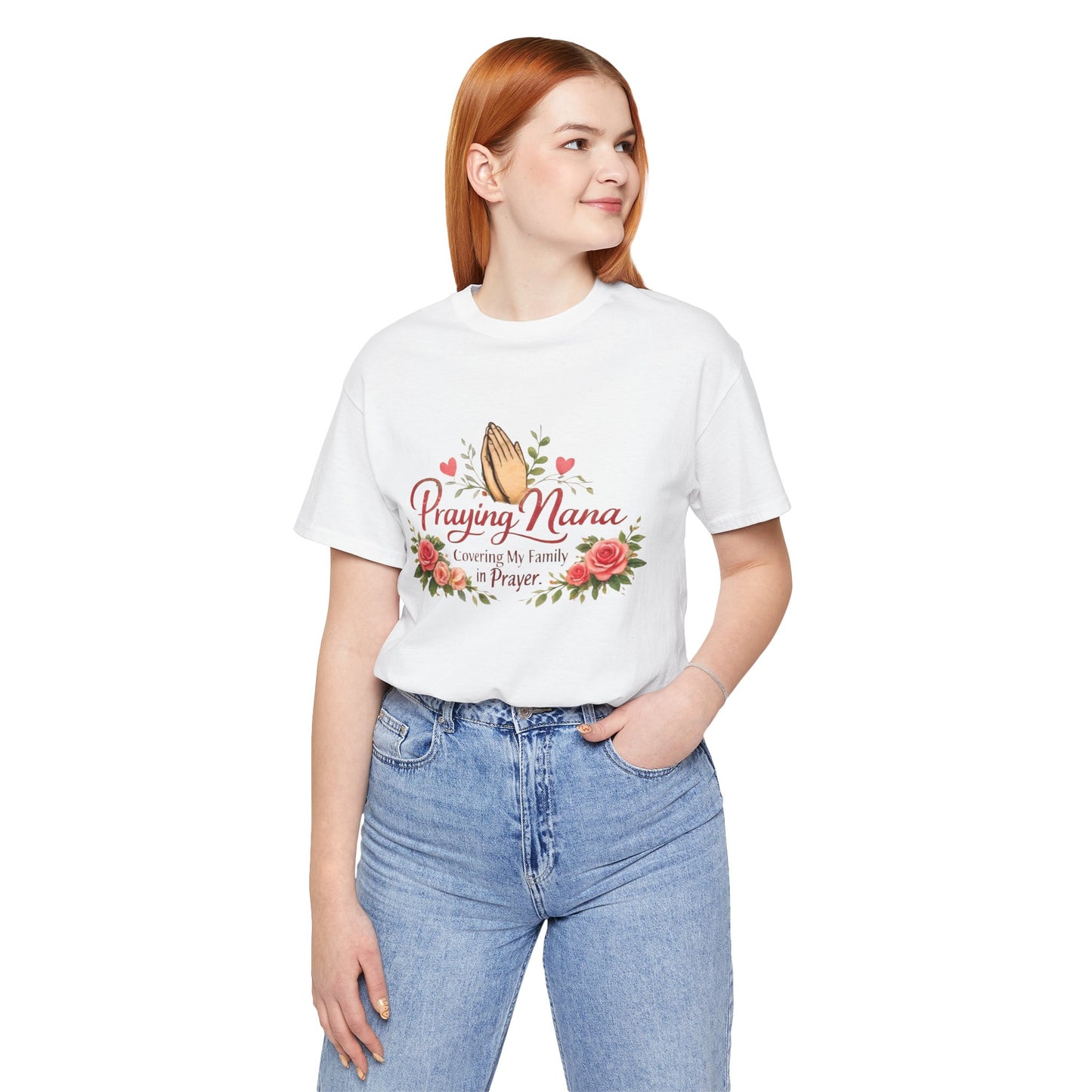 Praying Nana T-Shirt – Floral Praying Hands "Covering My Family in Prayer" Grandma Gift