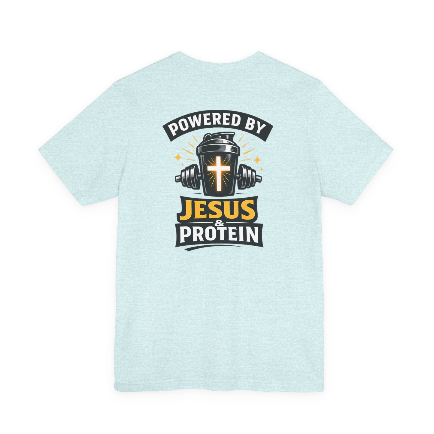 Powered by Jesus & Protein T-Shirt — Christian Gym Fitness Tee