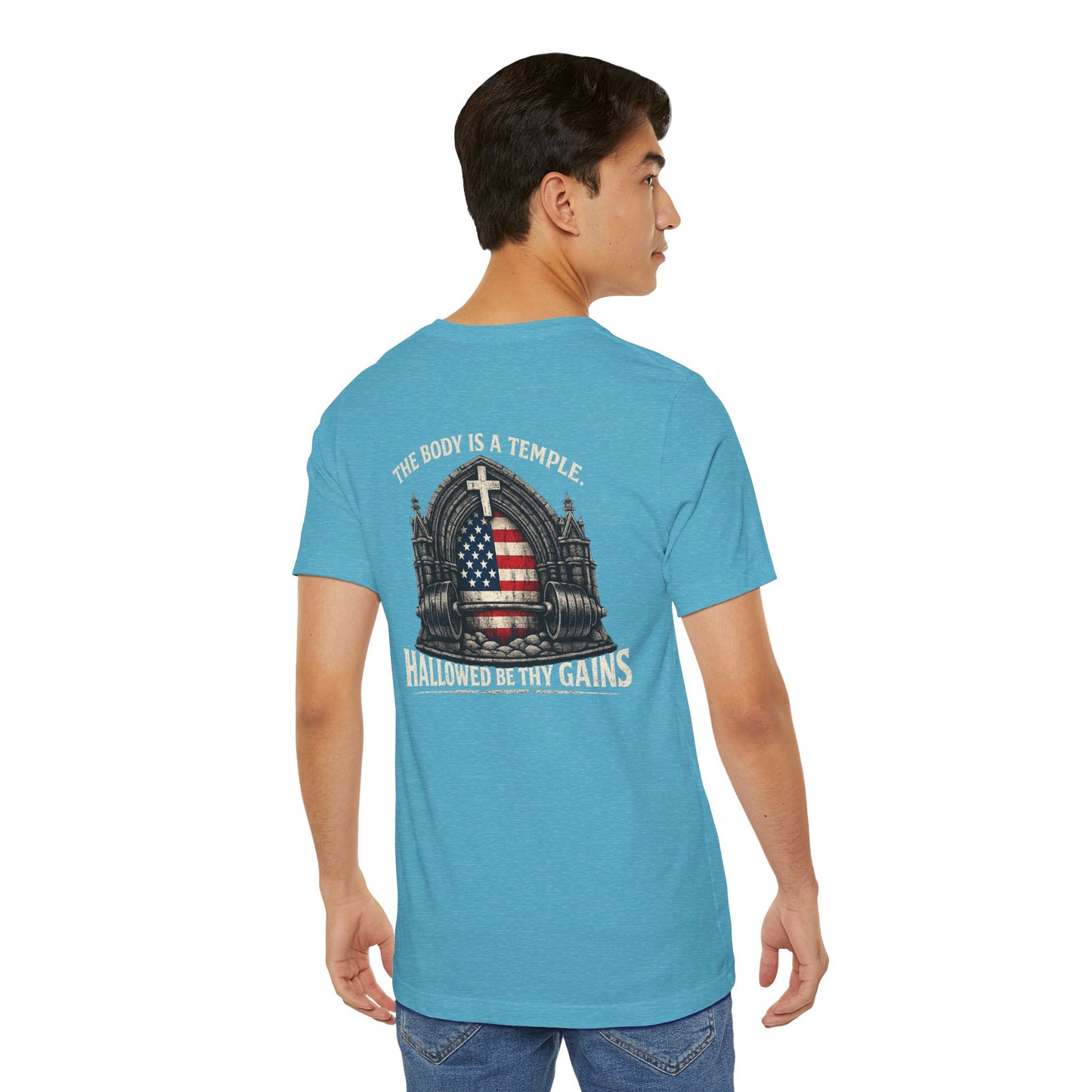 Patriotic Gym Tee — “The Body Is a Temple” American Flag Fitness T-Shirt