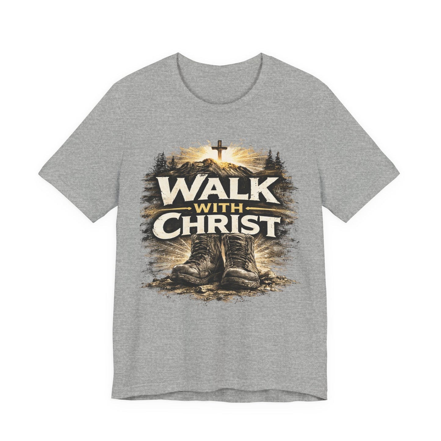 Walk With Christ T-Shirt — Christian Faith Tee with Boots & Cross Design