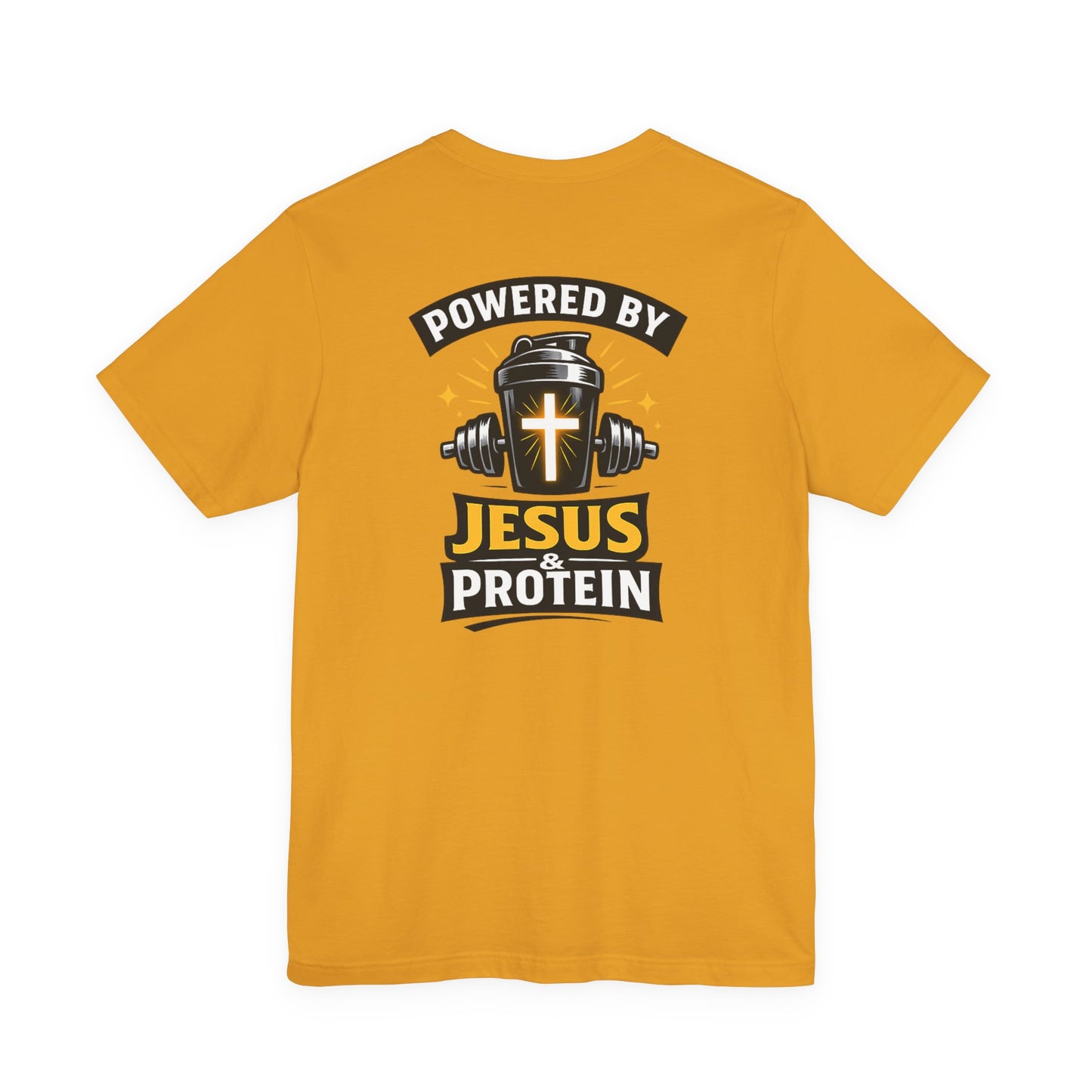 Powered by Jesus & Protein T-Shirt — Christian Gym Fitness Tee
