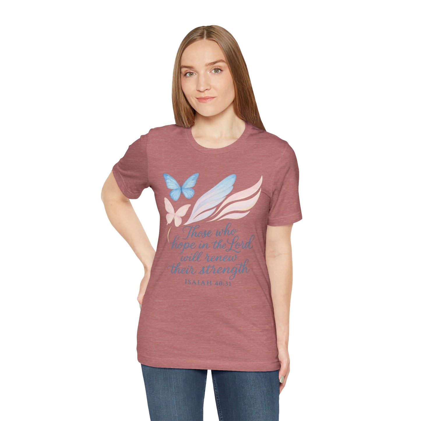 Inspirational Scripture T-Shirt – "Those Who Hope in the Lord" Isaiah 40:31, Pastel Butterflies