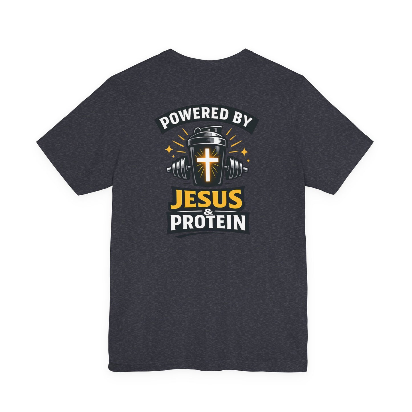 Powered by Jesus & Protein T-Shirt — Christian Gym Fitness Tee