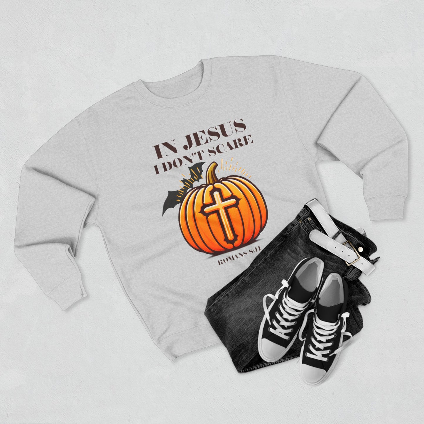 Christian Unisex Crewneck Sweatshirt with Bible Verse Romans 8:11 'IN JESUS I DON'T SCARE'