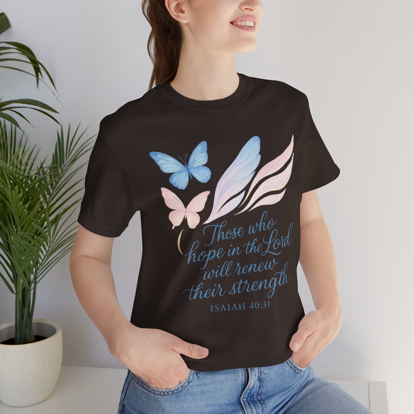 Inspirational Scripture T-Shirt – "Those Who Hope in the Lord" Isaiah 40:31, Pastel Butterflies