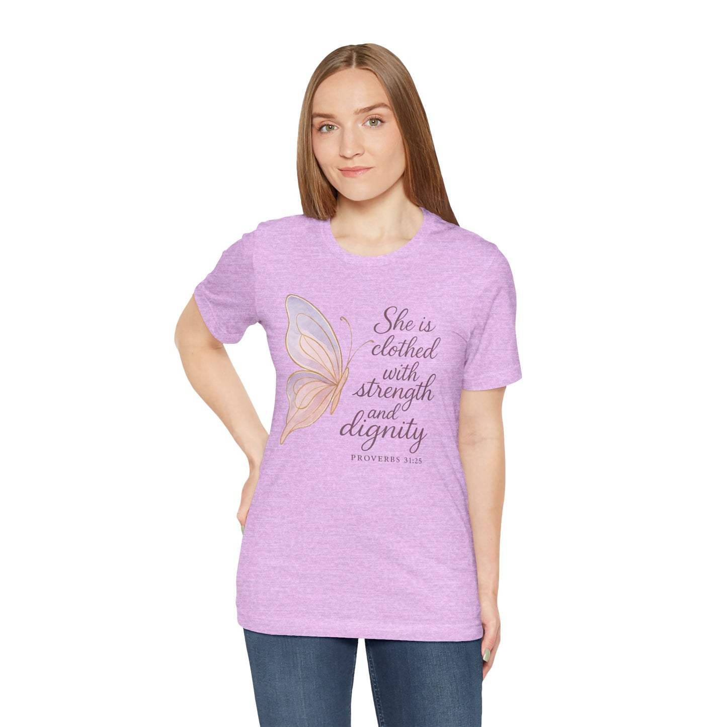 Inspirational "She is clothed with strength and dignity" Butterfly T-Shirt