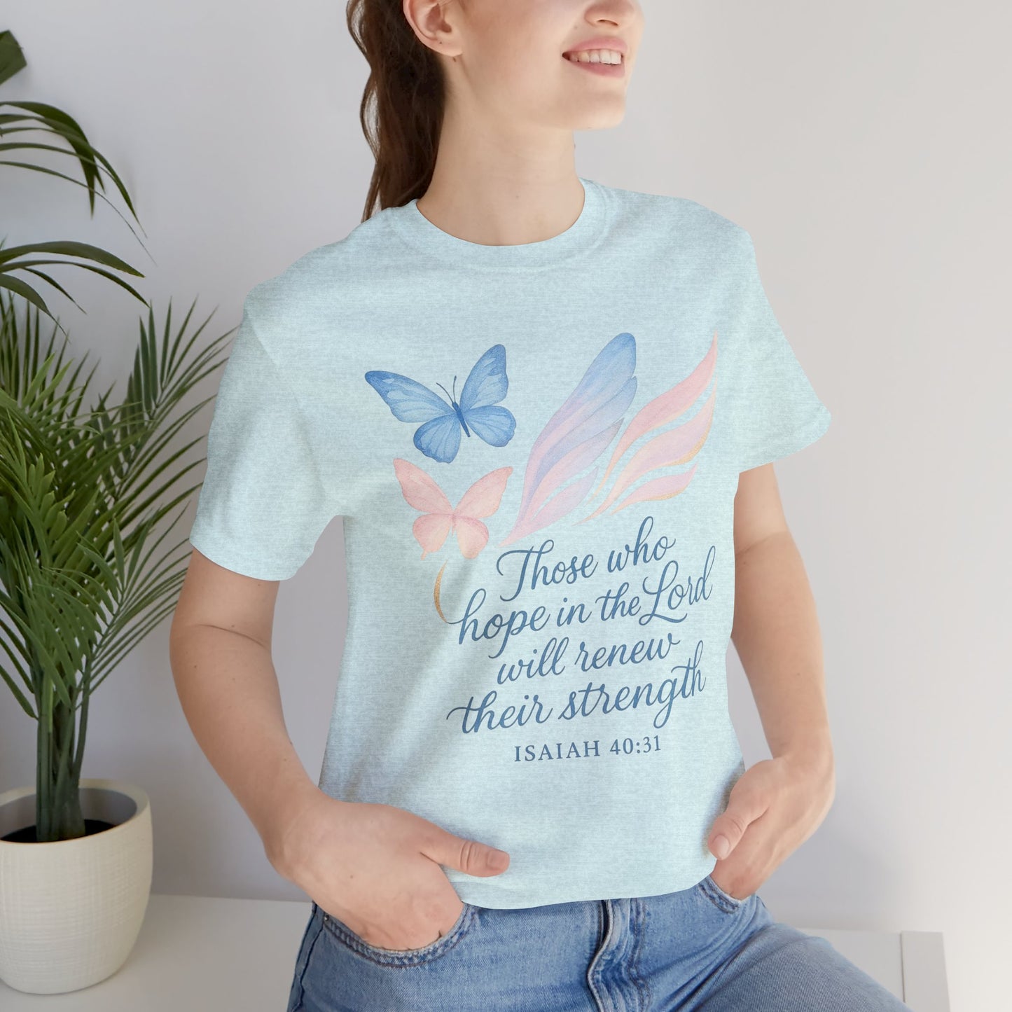 Inspirational Scripture T-Shirt – "Those Who Hope in the Lord" Isaiah 40:31, Pastel Butterflies