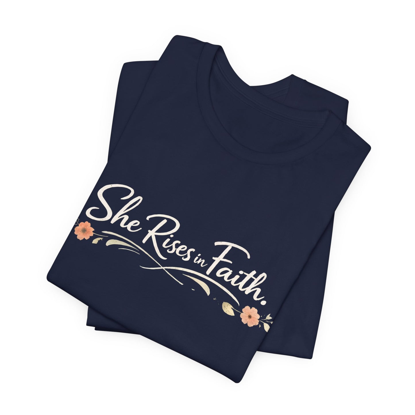 "She Rises In Faith" Chest Tee – Delicate Peach Blossom Graphic