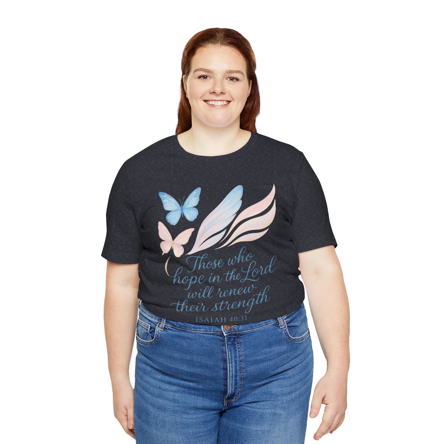 Inspirational Scripture T-Shirt – "Those Who Hope in the Lord" Isaiah 40:31, Pastel Butterflies