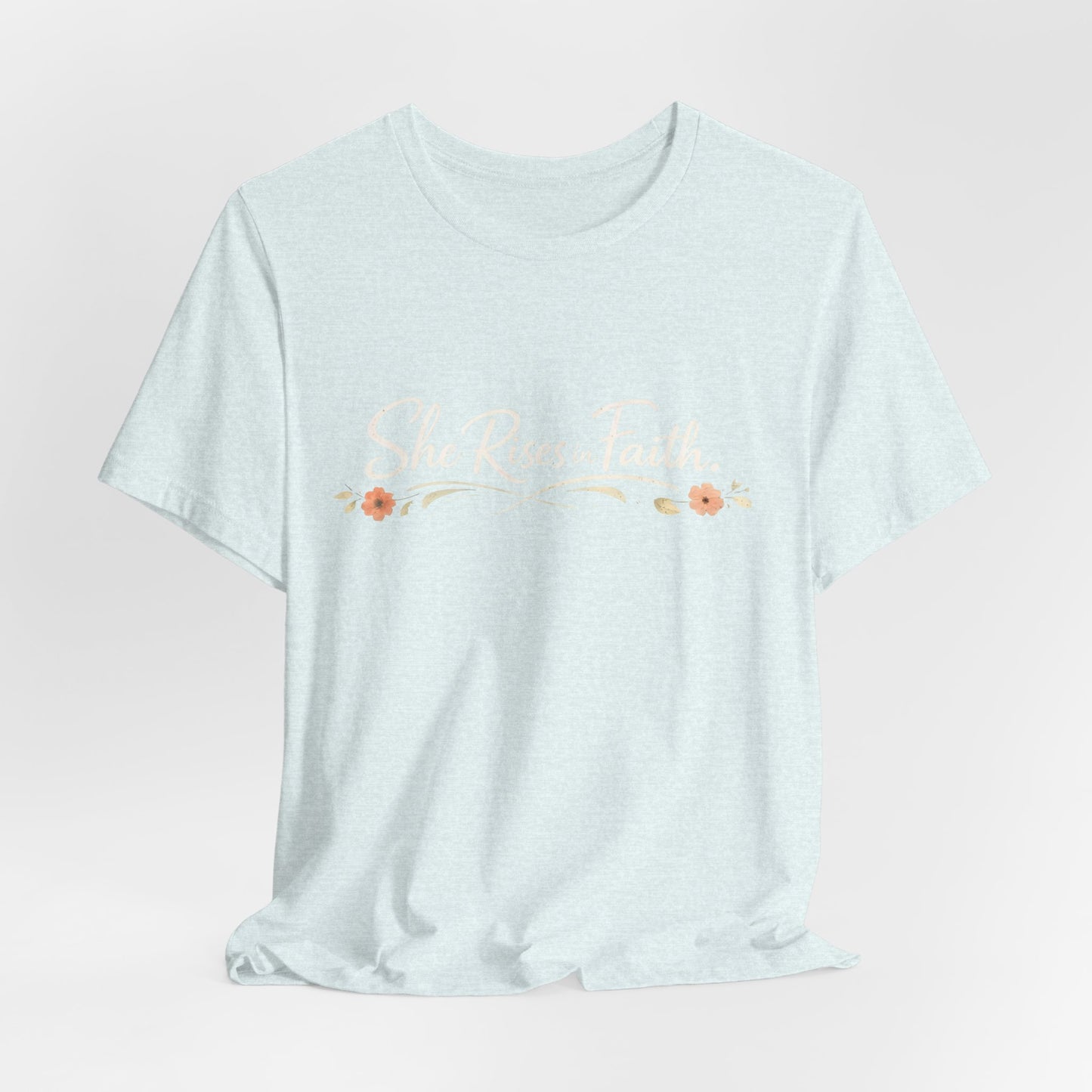 "She Rises In Faith" Chest Tee – Delicate Peach Blossom Graphic