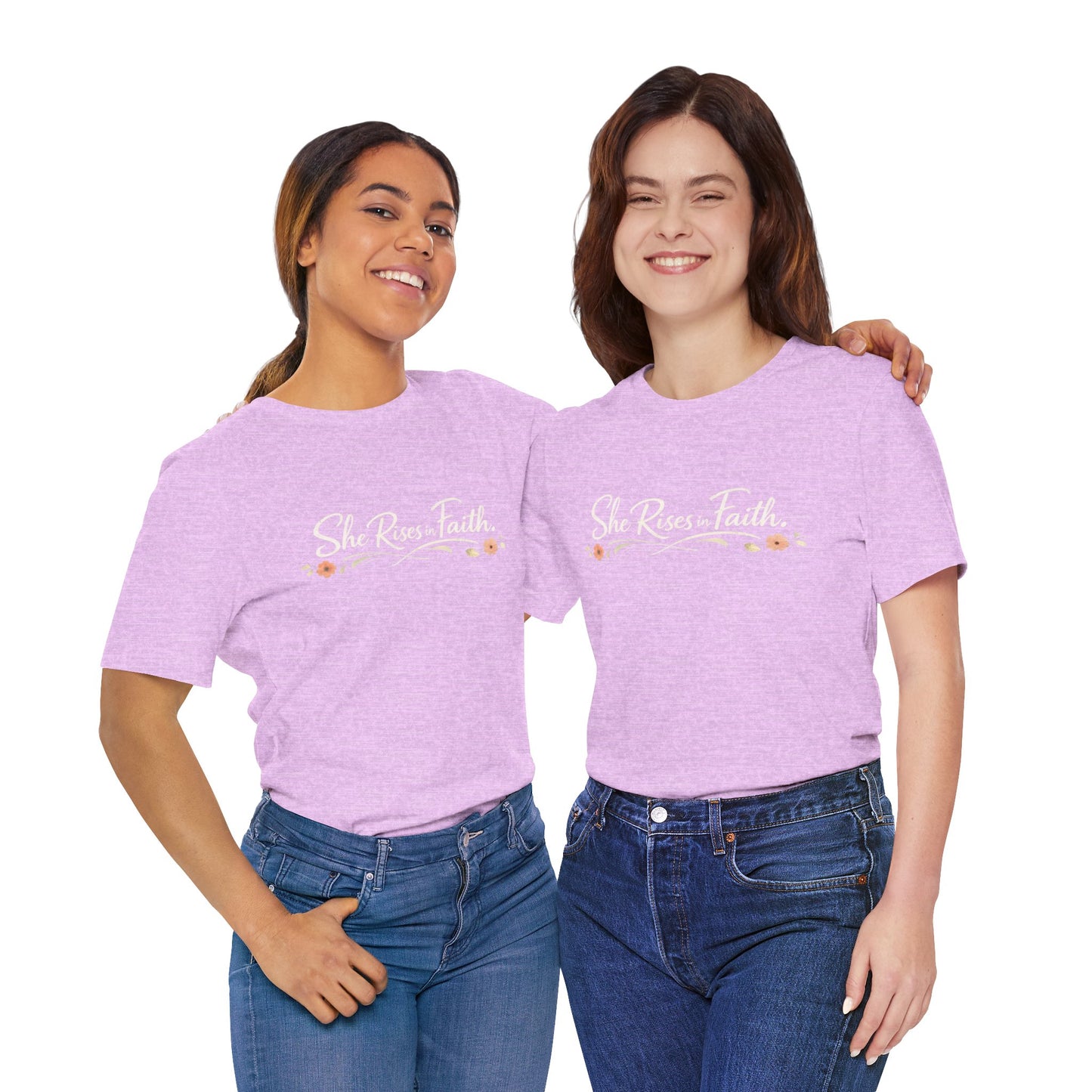 "She Rises In Faith" Chest Tee – Delicate Peach Blossom Graphic
