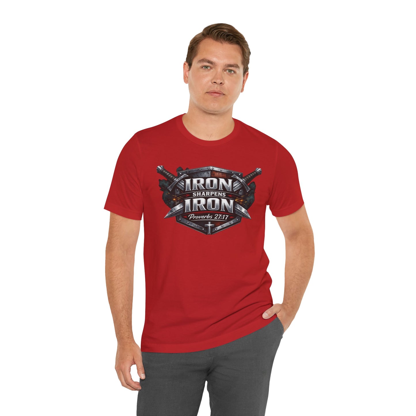 Iron Sharpens Iron T-Shirt — Faith-Based Proverbs 27:17 Graphic Tee