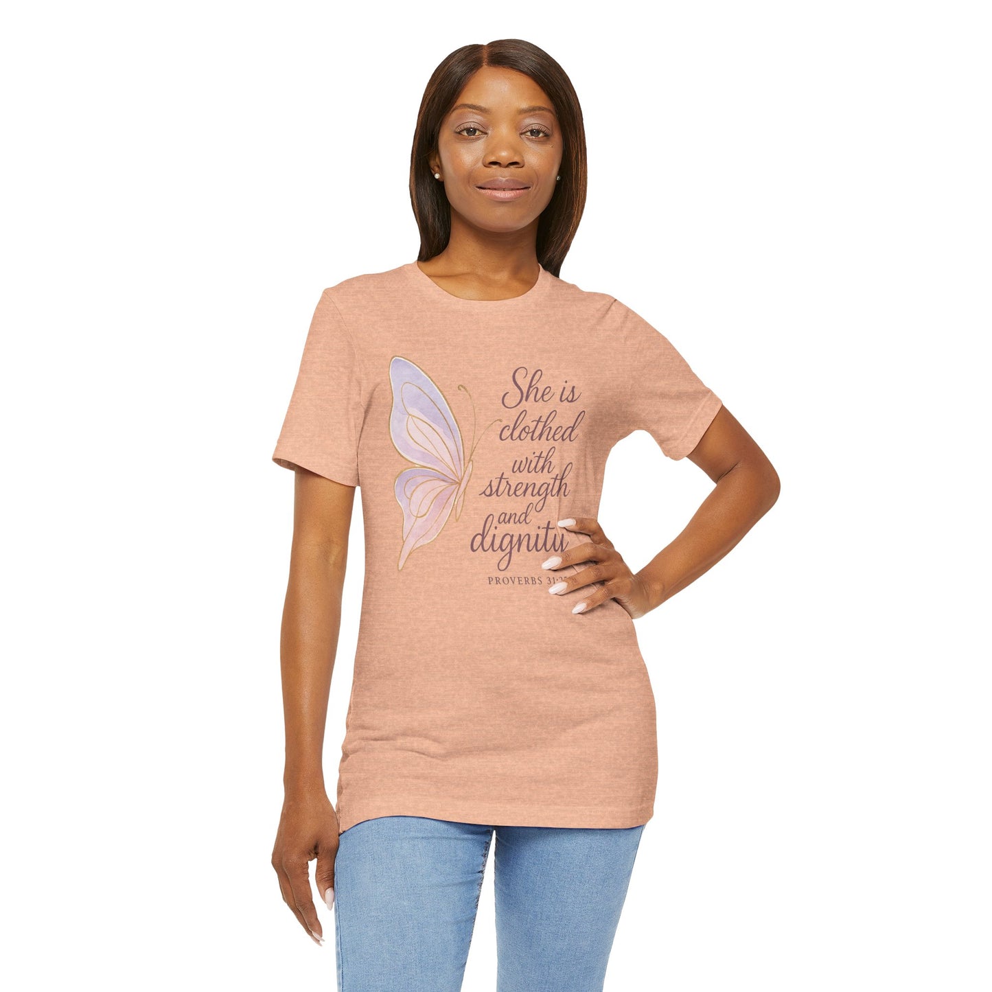 Inspirational "She is clothed with strength and dignity" Butterfly T-Shirt