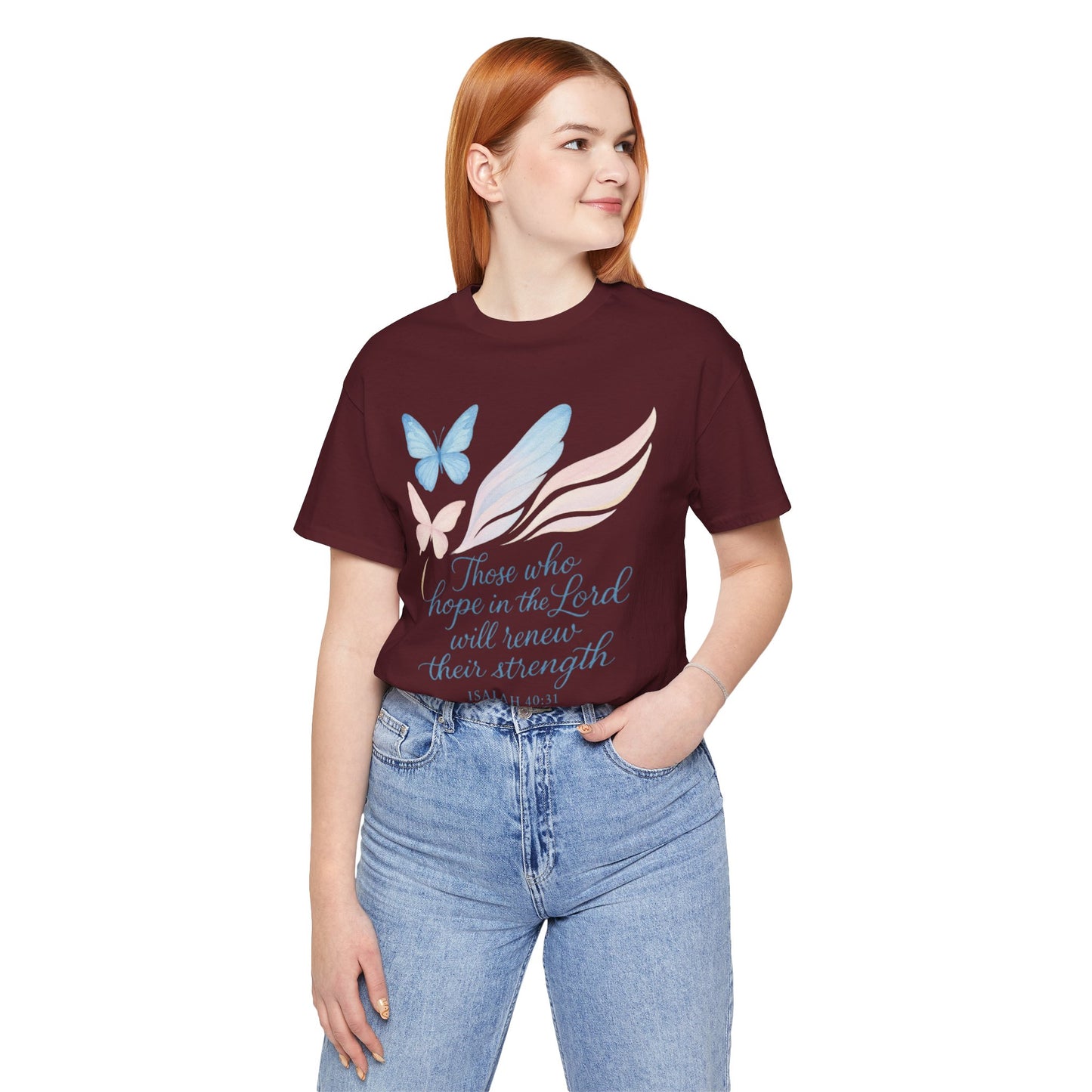 Inspirational Scripture T-Shirt – "Those Who Hope in the Lord" Isaiah 40:31, Pastel Butterflies
