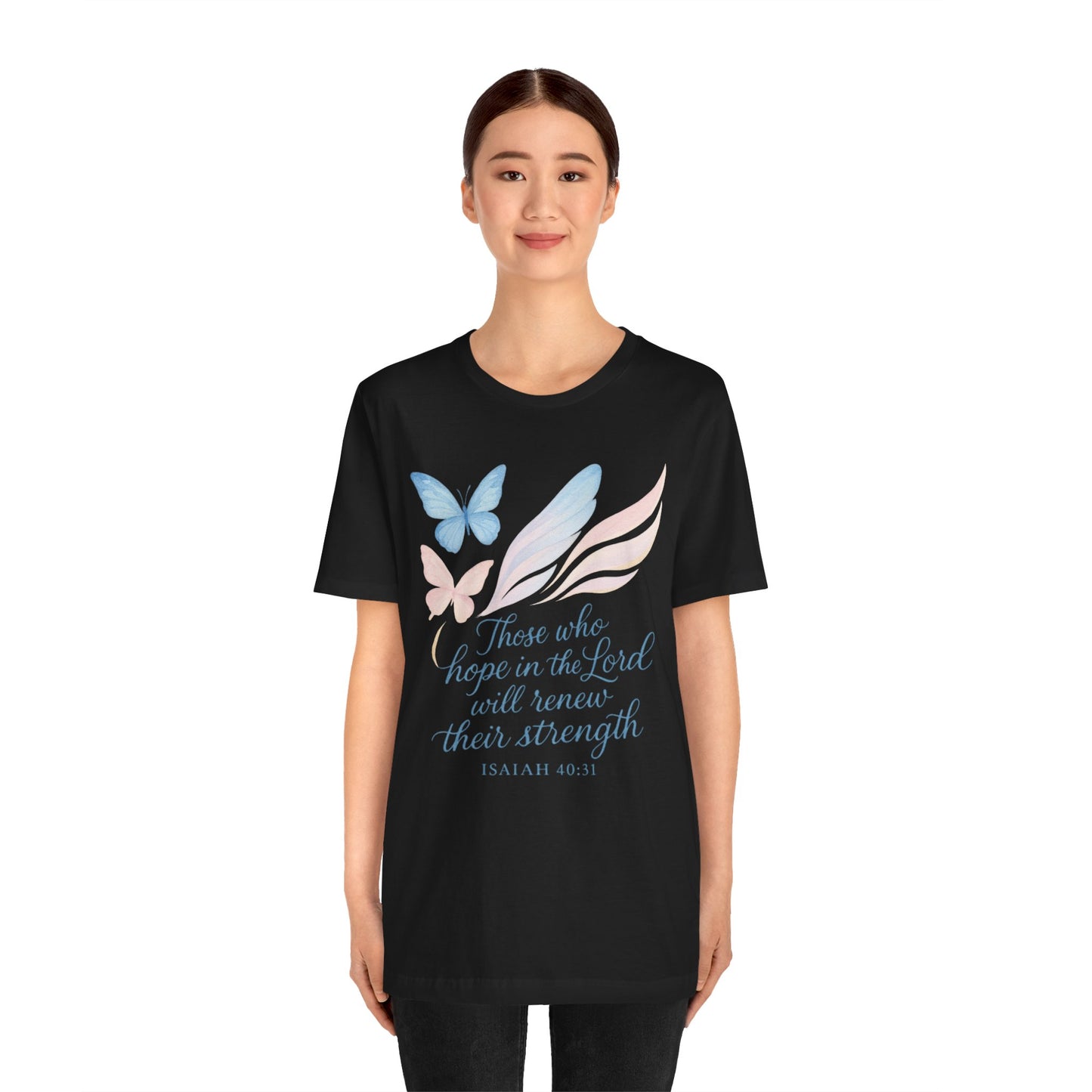 Inspirational Scripture T-Shirt – "Those Who Hope in the Lord" Isaiah 40:31, Pastel Butterflies