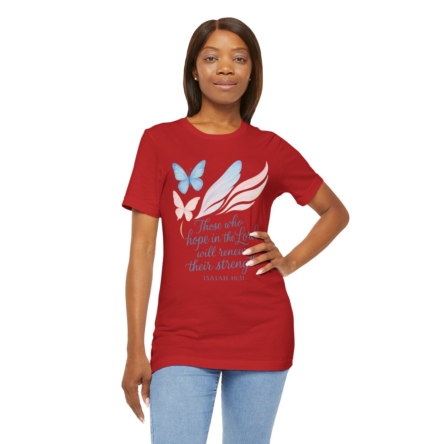Inspirational Scripture T-Shirt – "Those Who Hope in the Lord" Isaiah 40:31, Pastel Butterflies