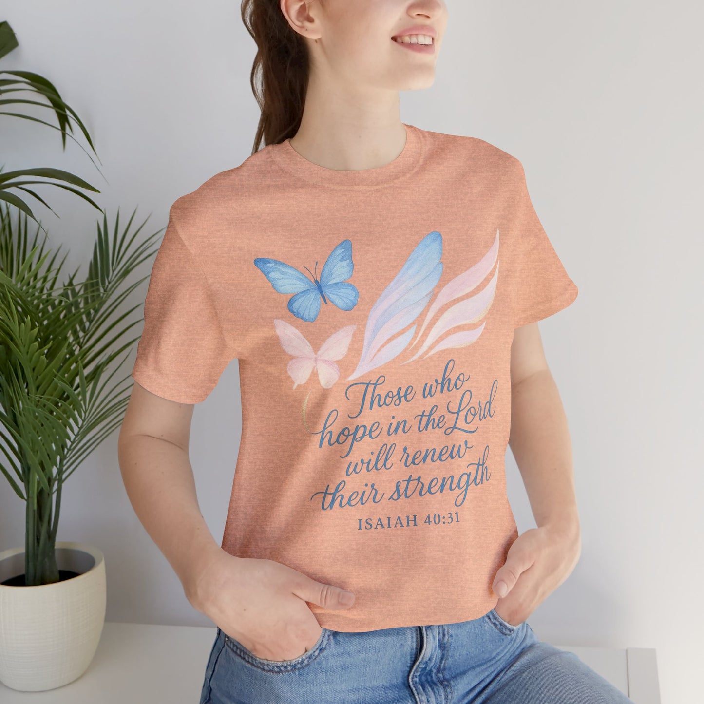 Inspirational Scripture T-Shirt – "Those Who Hope in the Lord" Isaiah 40:31, Pastel Butterflies