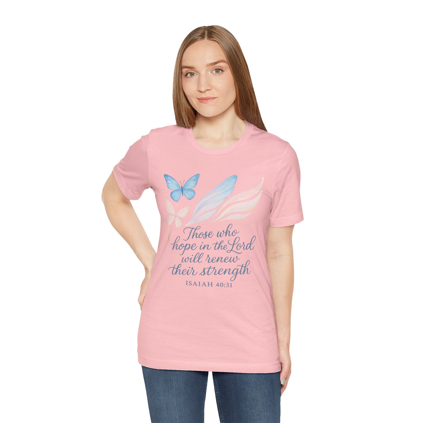Inspirational Scripture T-Shirt – "Those Who Hope in the Lord" Isaiah 40:31, Pastel Butterflies