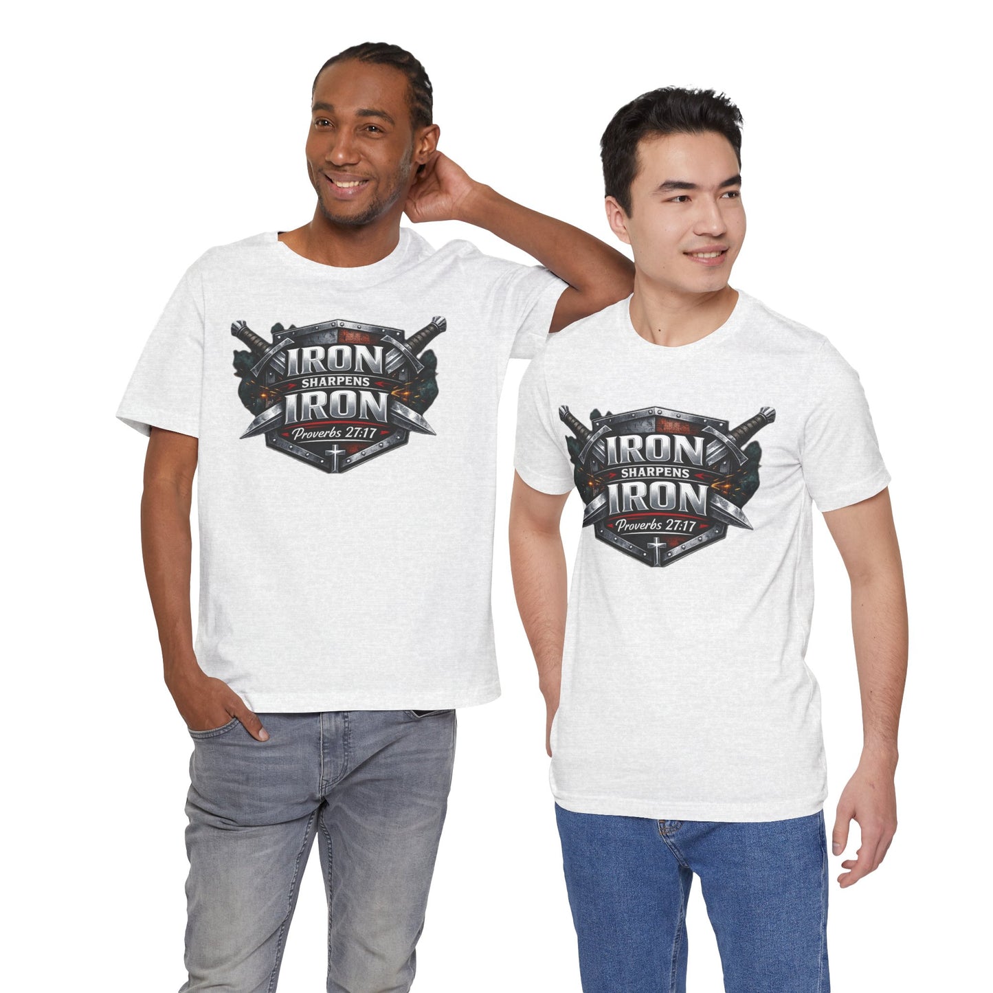 Iron Sharpens Iron T-Shirt — Faith-Based Proverbs 27:17 Graphic Tee