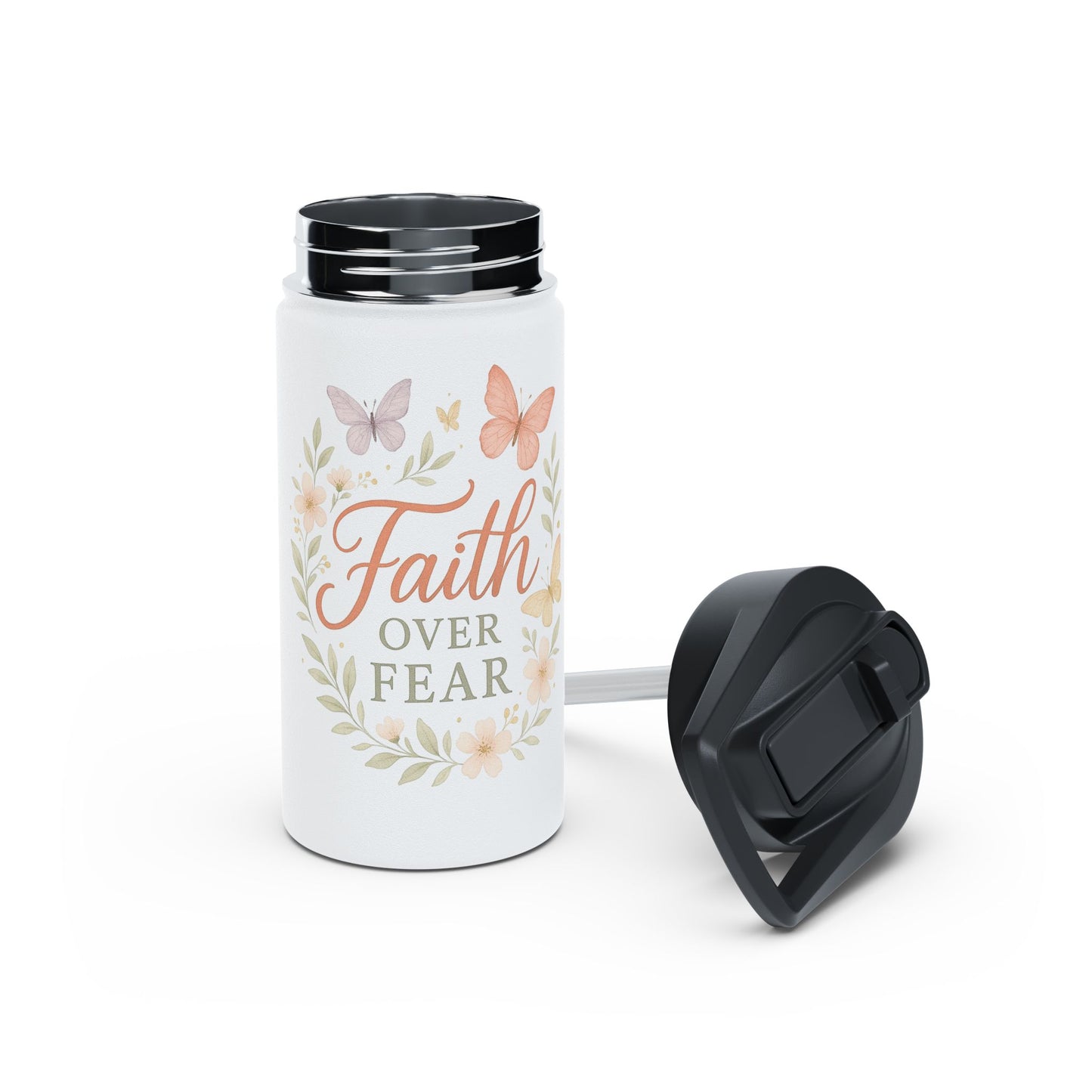 Faith Over Fear Stainless Steel Water Bottle – Inspirational Floral Design