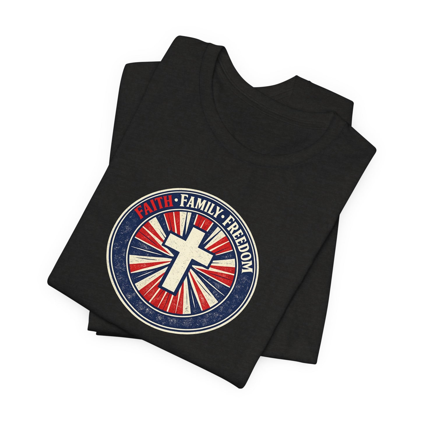 Faith Family Freedom T‑Shirt — Cross Emblem Patriotic Graphic Tee