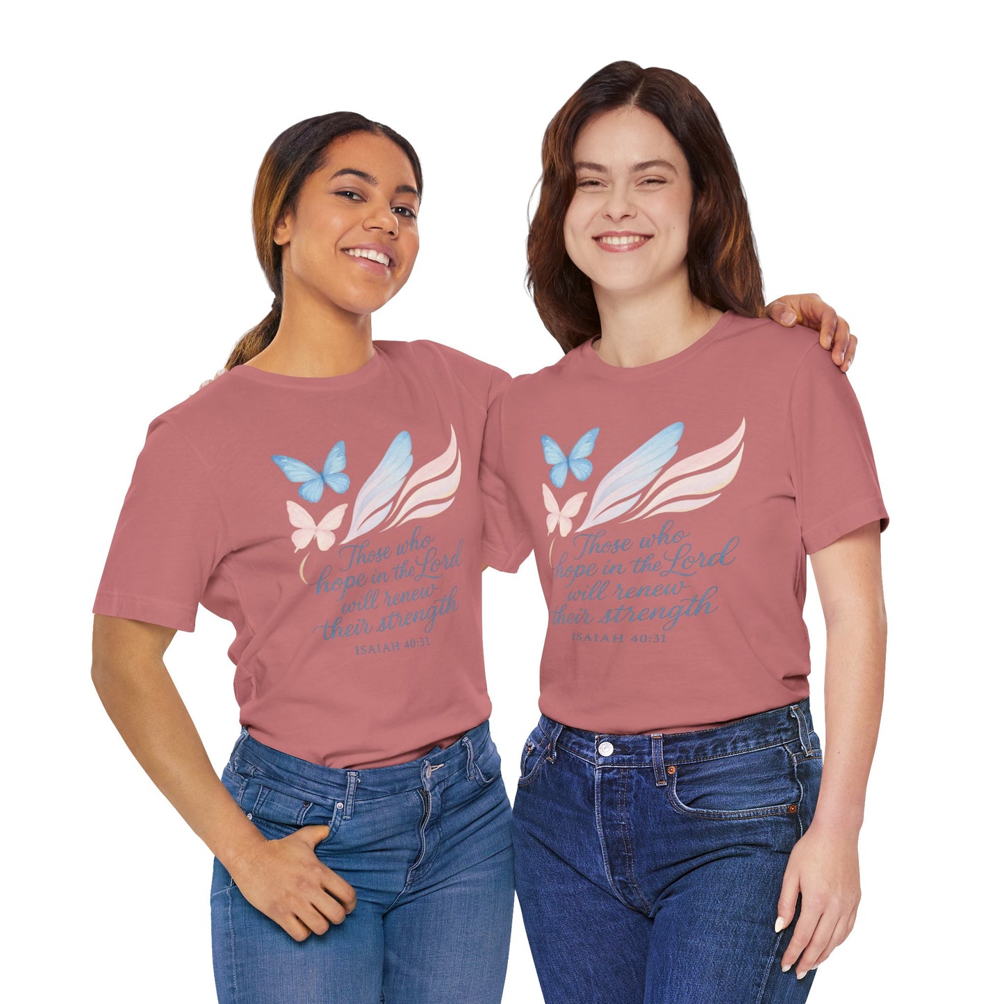 Inspirational Scripture T-Shirt – "Those Who Hope in the Lord" Isaiah 40:31, Pastel Butterflies