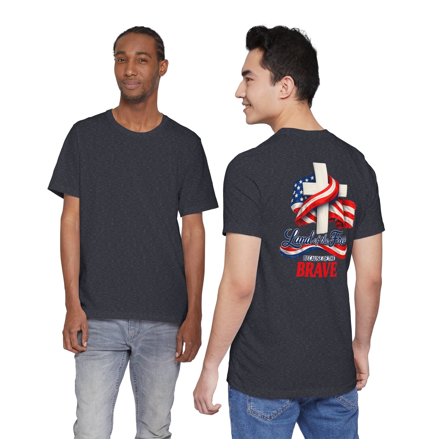 Land of the Free Because of the Brave Tee - Patriotic American Flag Cross T-Shirt