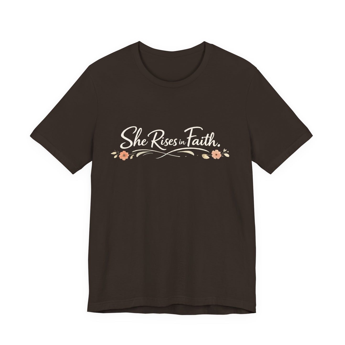 "She Rises In Faith" Chest Tee – Delicate Peach Blossom Graphic
