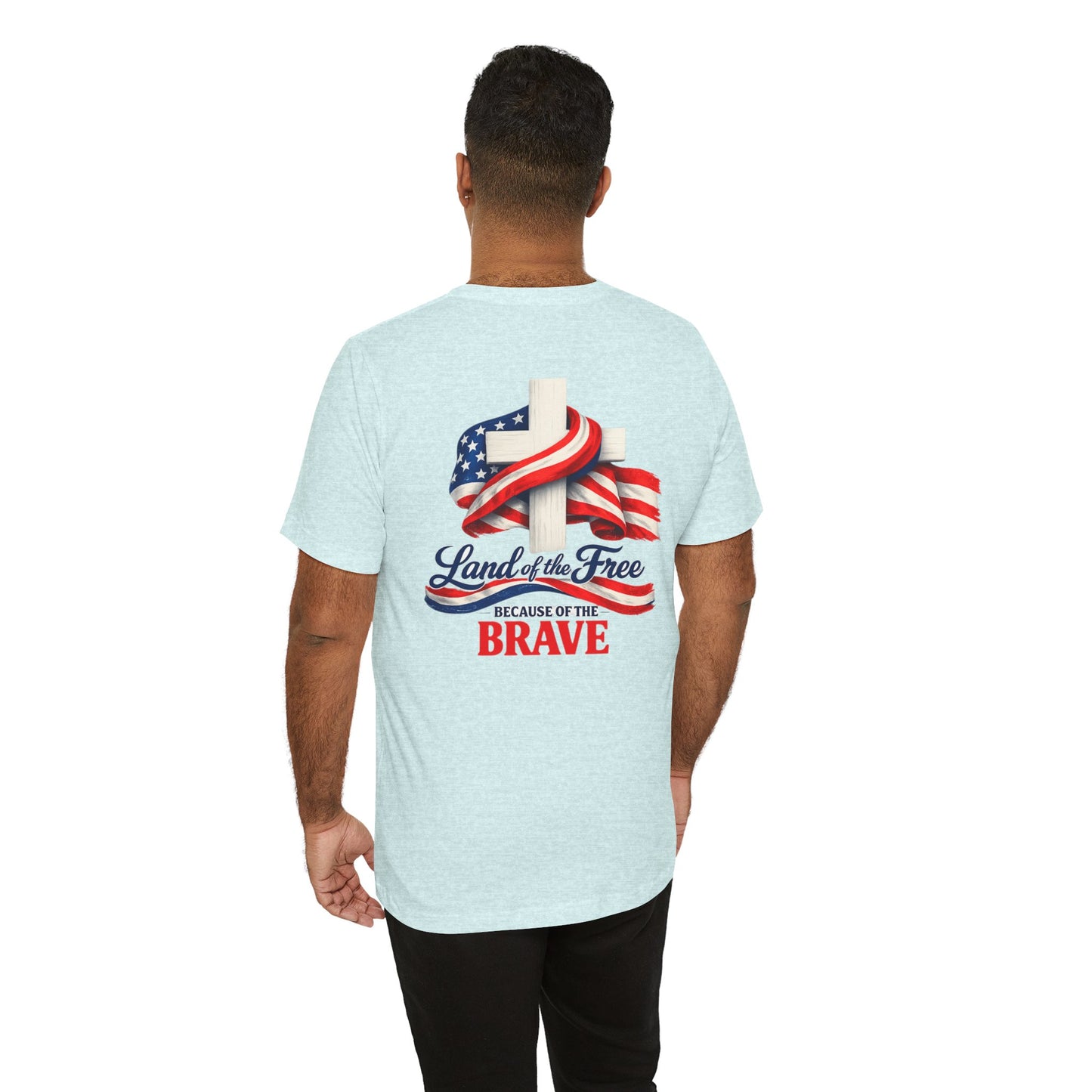 Land of the Free Because of the Brave Tee - Patriotic American Flag Cross T-Shirt
