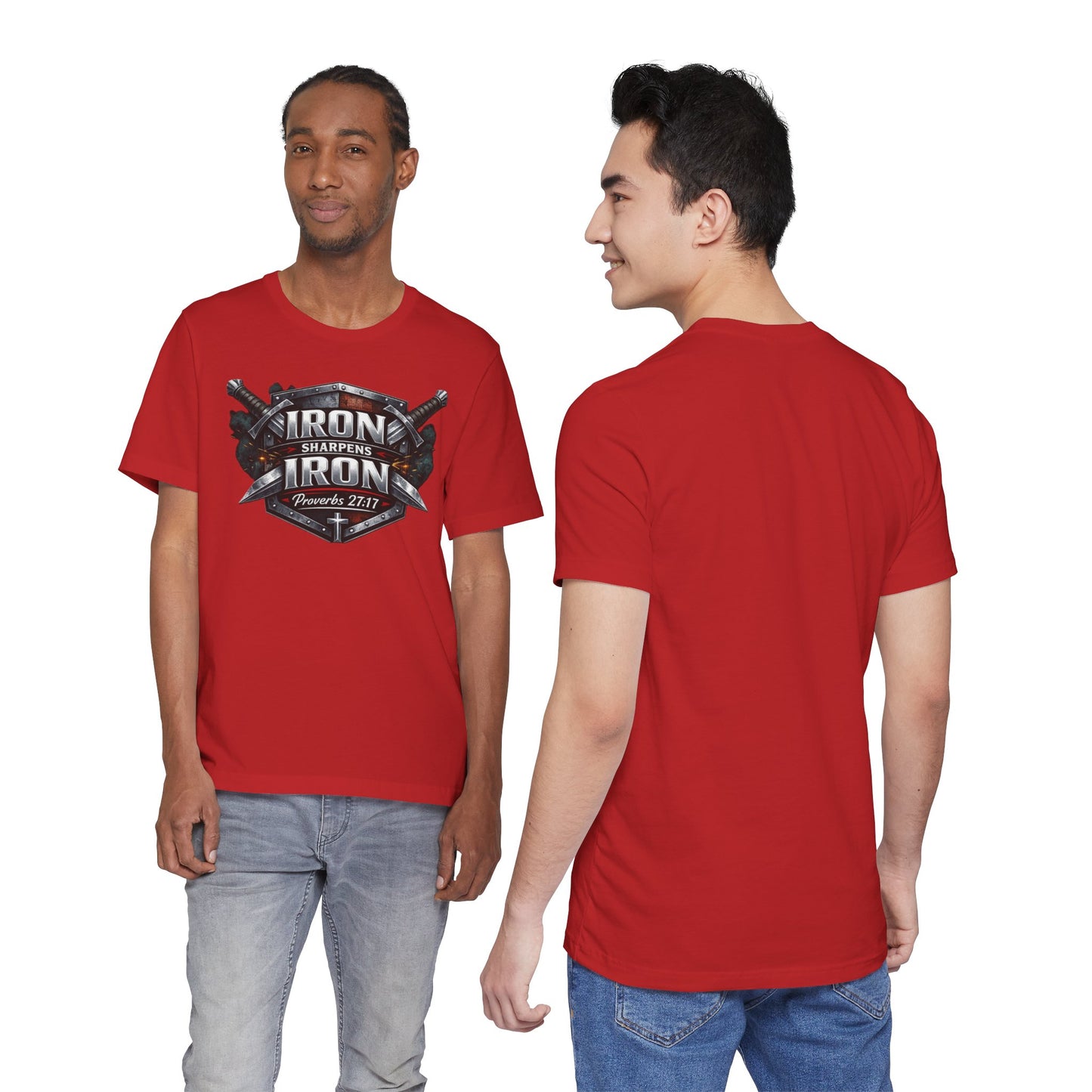 Iron Sharpens Iron T-Shirt — Faith-Based Proverbs 27:17 Graphic Tee