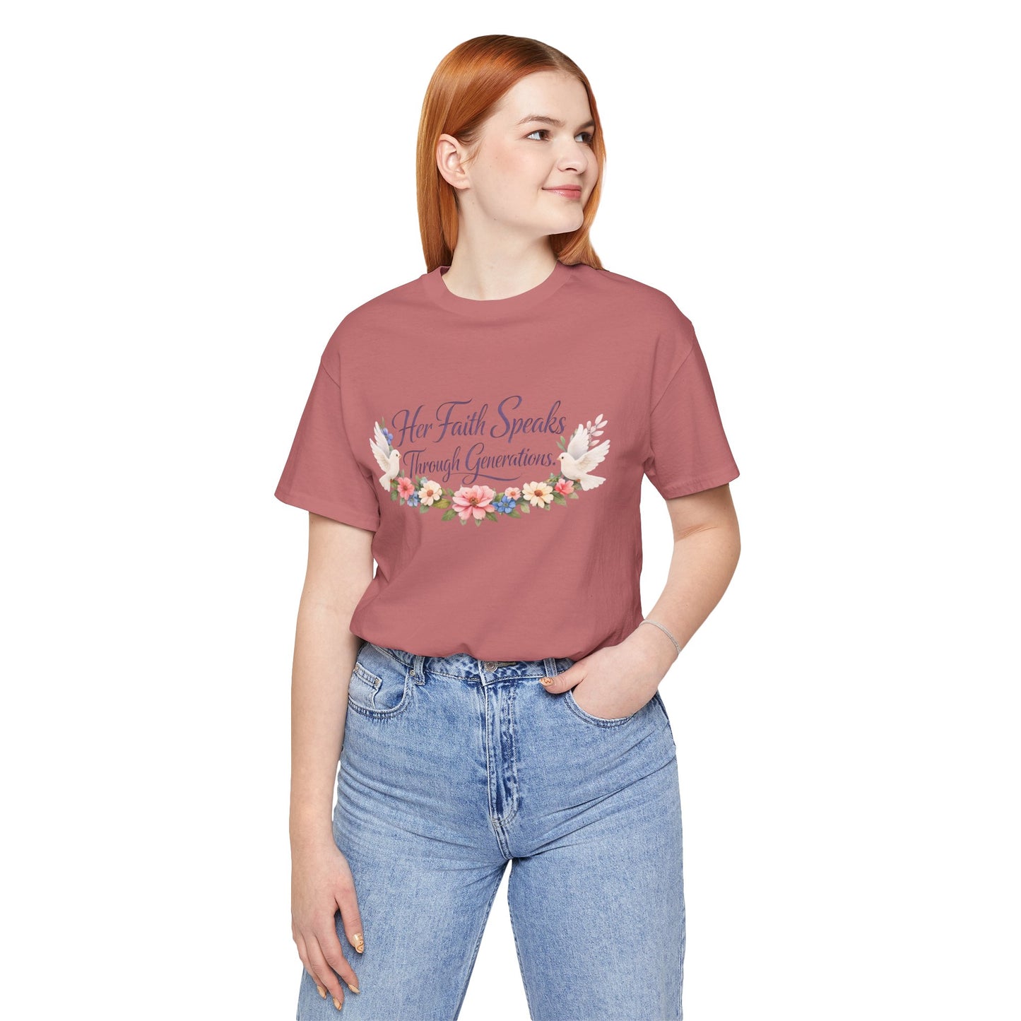 Her Faith Speaks Through Generations T-Shirt — Floral Inspirational Christian Tee